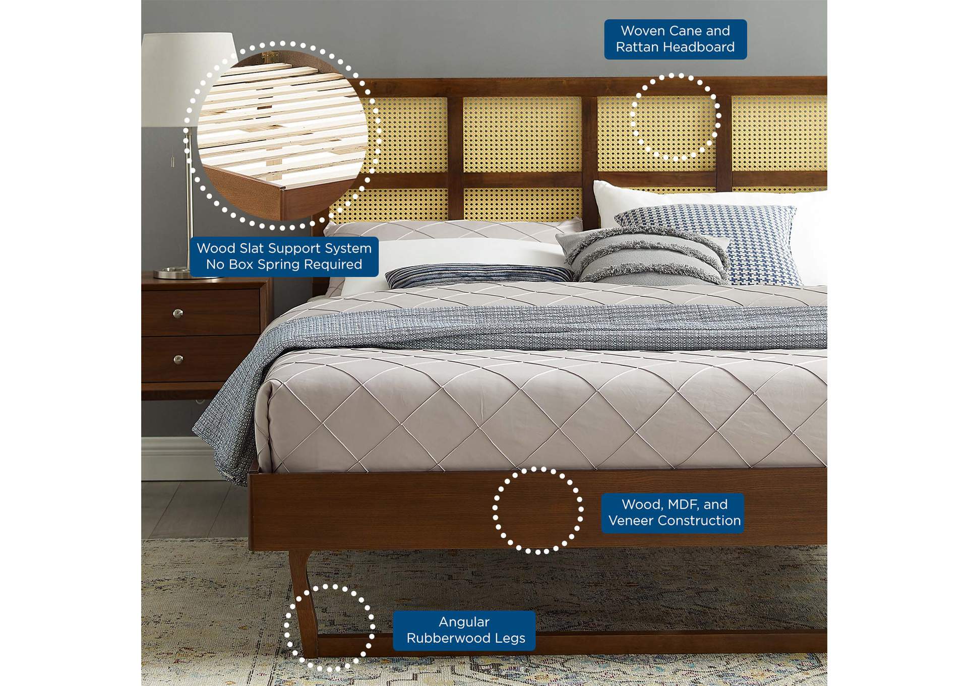 Walnut Sidney Cane and Wood Queen Platform Bed With Angular Legs,Modway