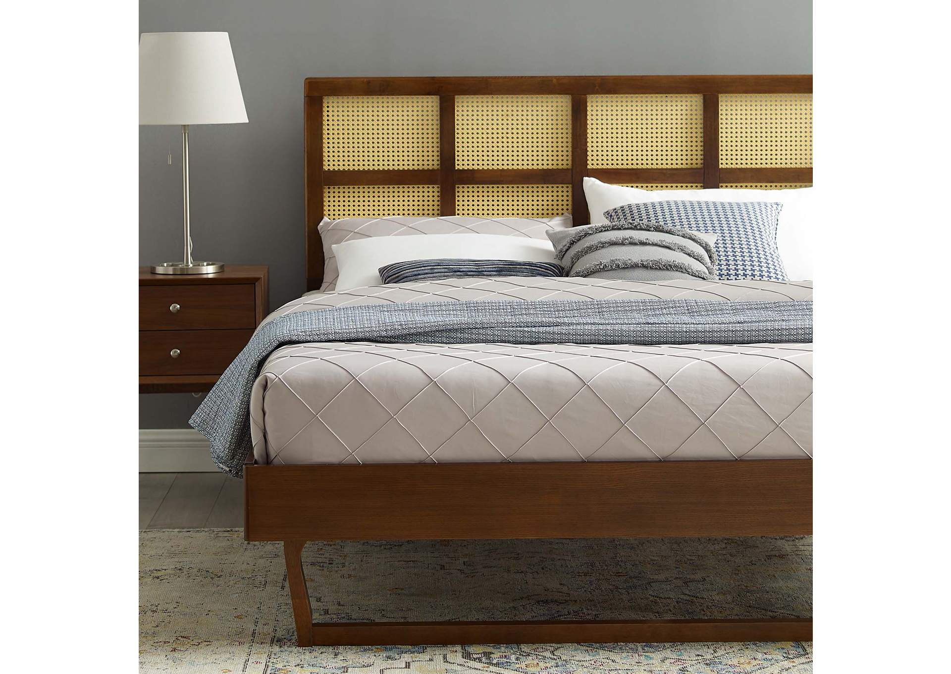 Walnut Sidney Cane and Wood Queen Platform Bed With Angular Legs,Modway