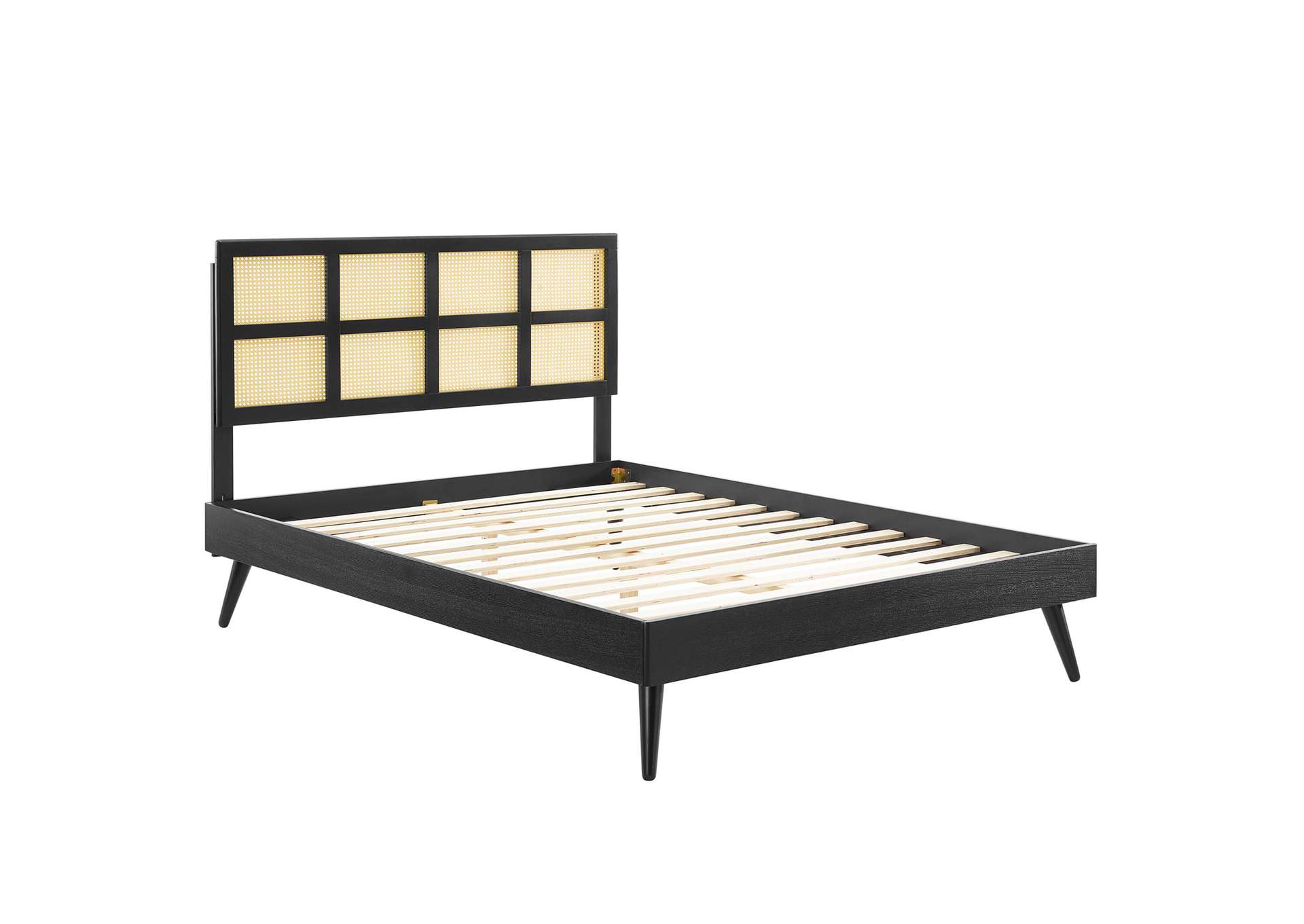 Black Sidney Cane and Wood Queen Platform Bed With Splayed Legs,Modway