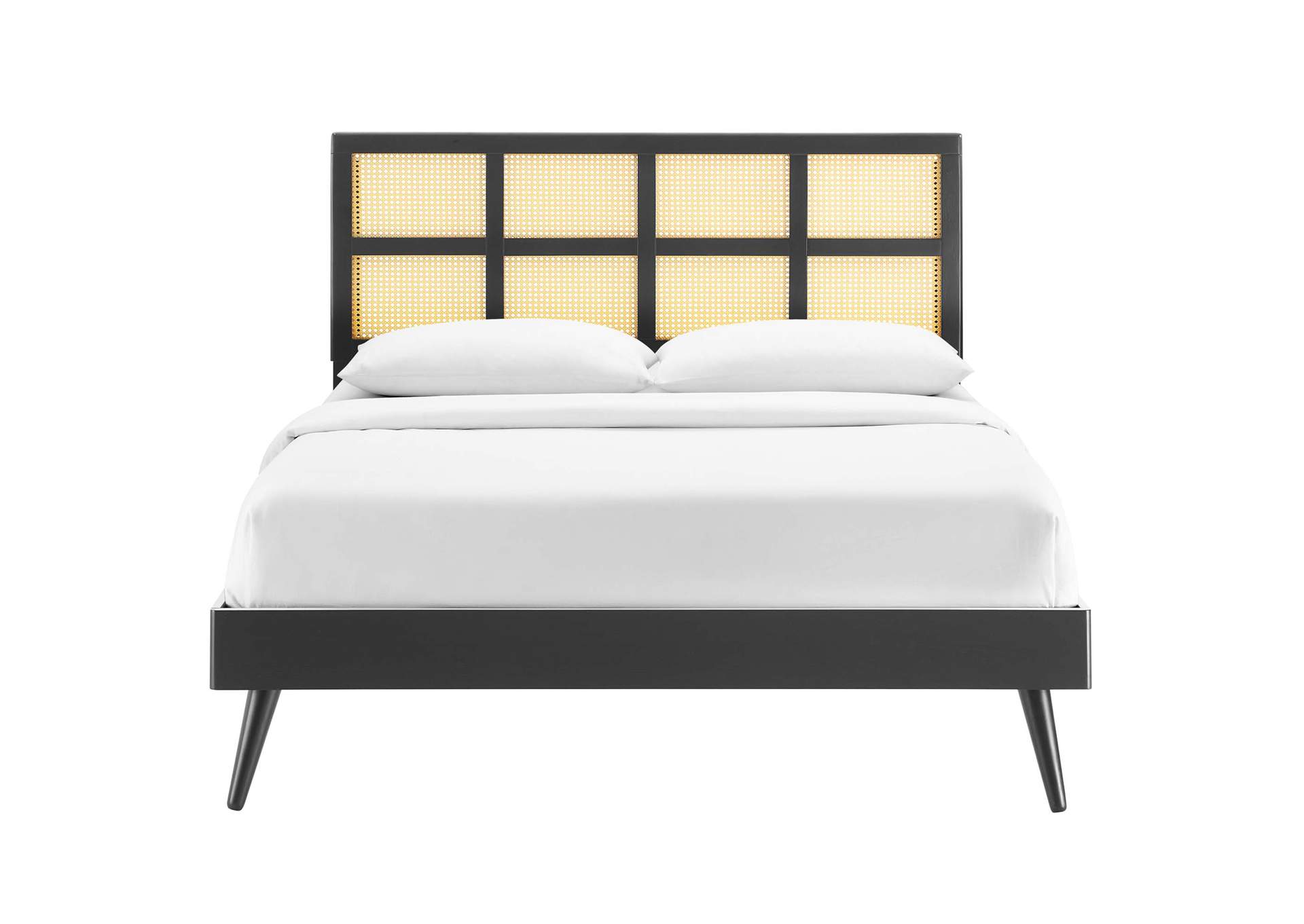 Black Sidney Cane and Wood Queen Platform Bed With Splayed Legs,Modway