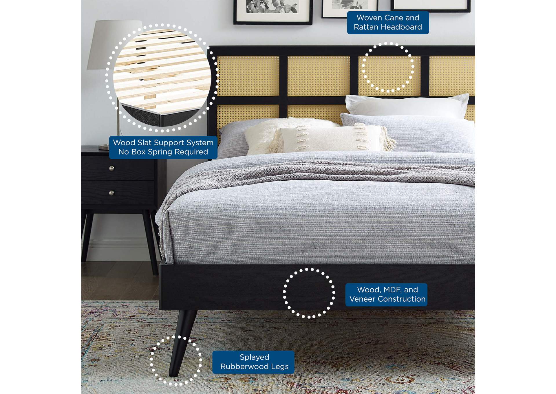 Black Sidney Cane and Wood Queen Platform Bed With Splayed Legs,Modway