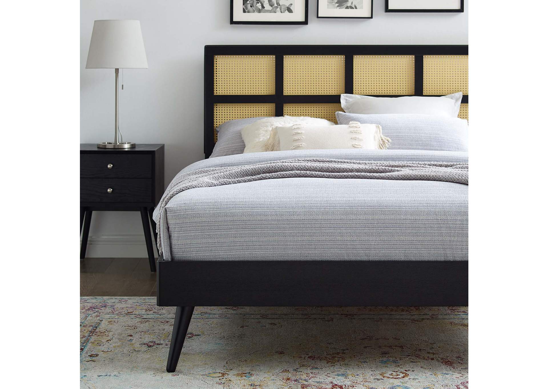 Black Sidney Cane and Wood Queen Platform Bed With Splayed Legs,Modway