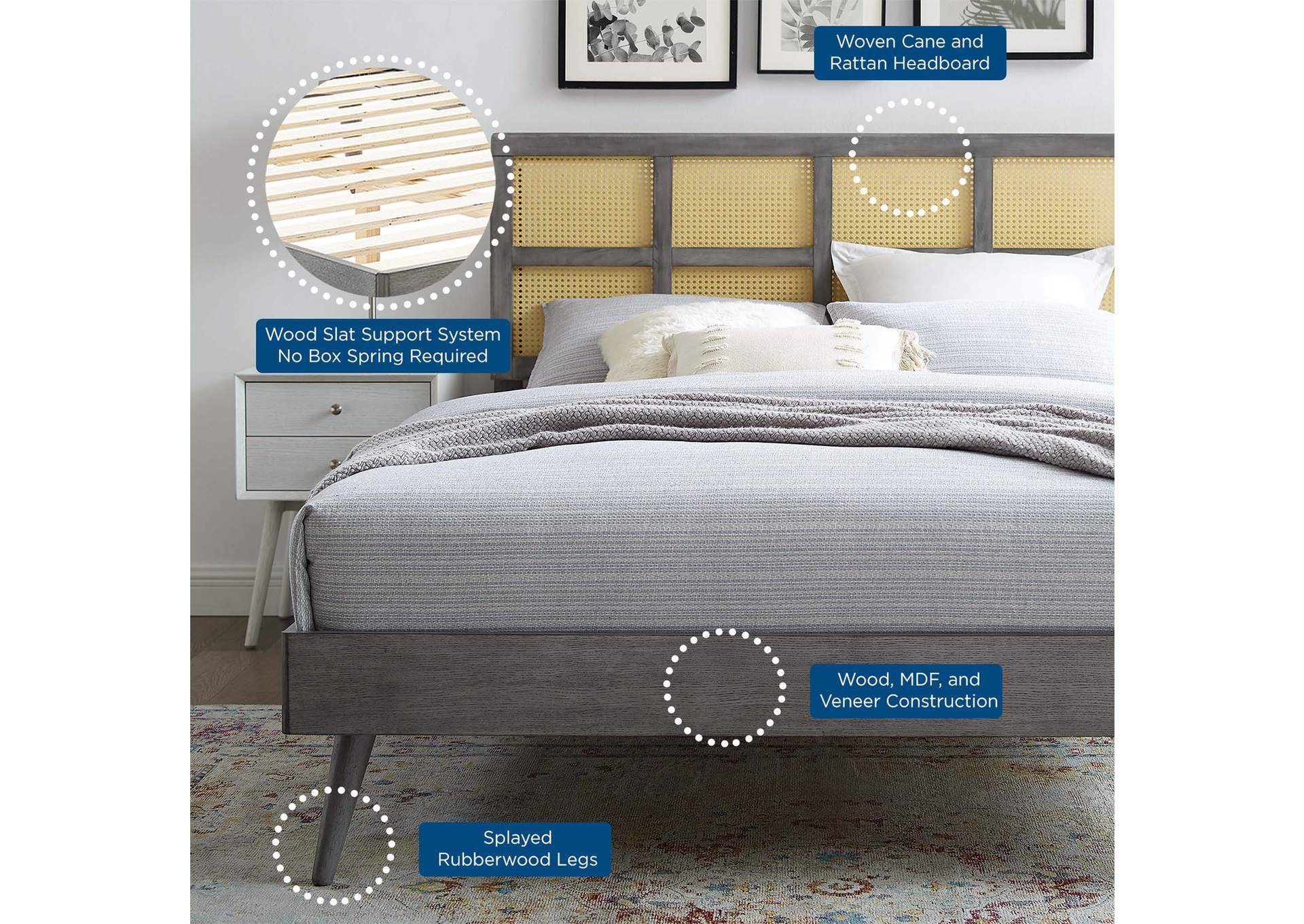 Gray Sidney Cane and Wood Queen Platform Bed With Splayed Legs,Modway