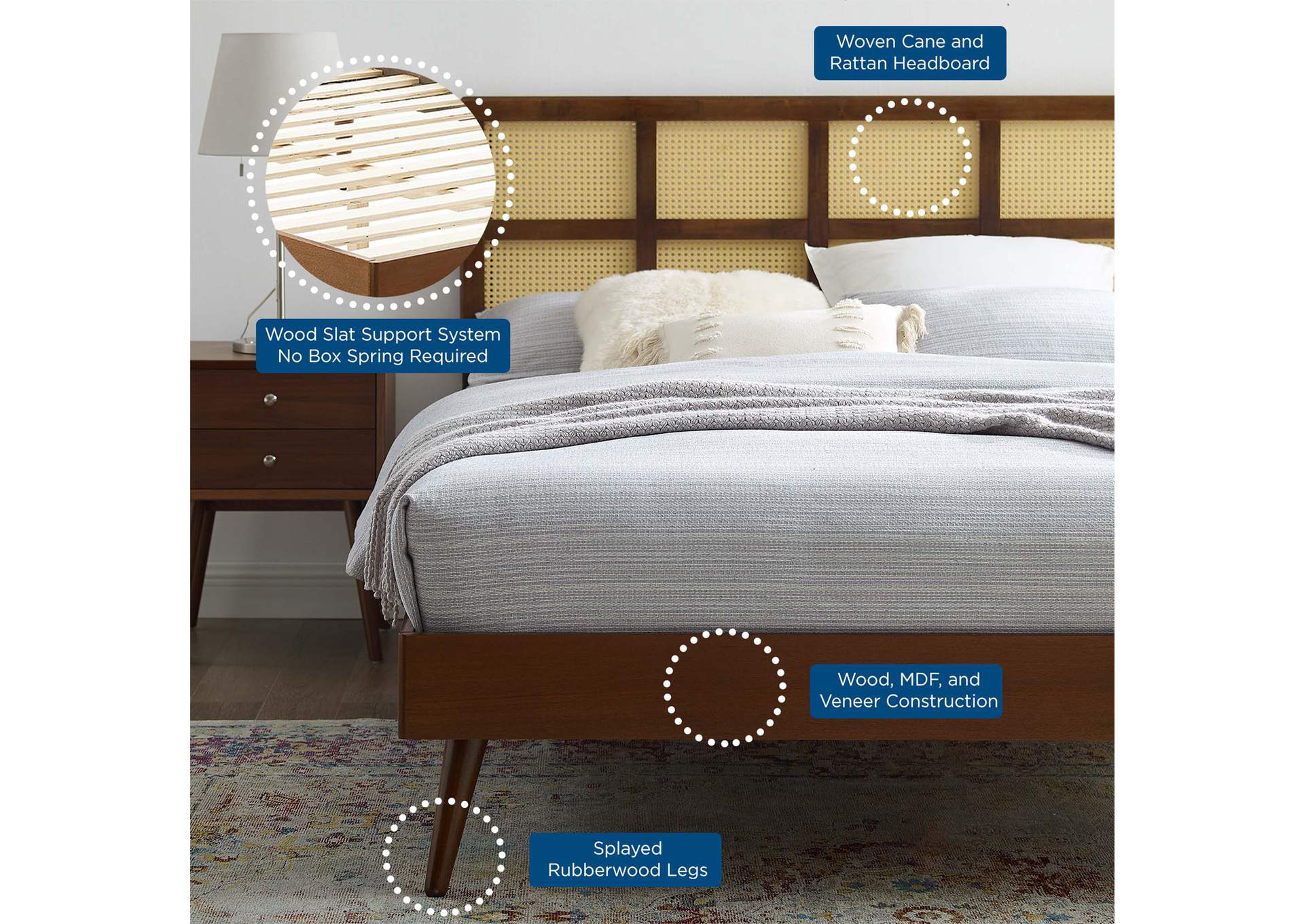 Walnut Sidney Cane and Wood Queen Platform Bed With Splayed Legs,Modway