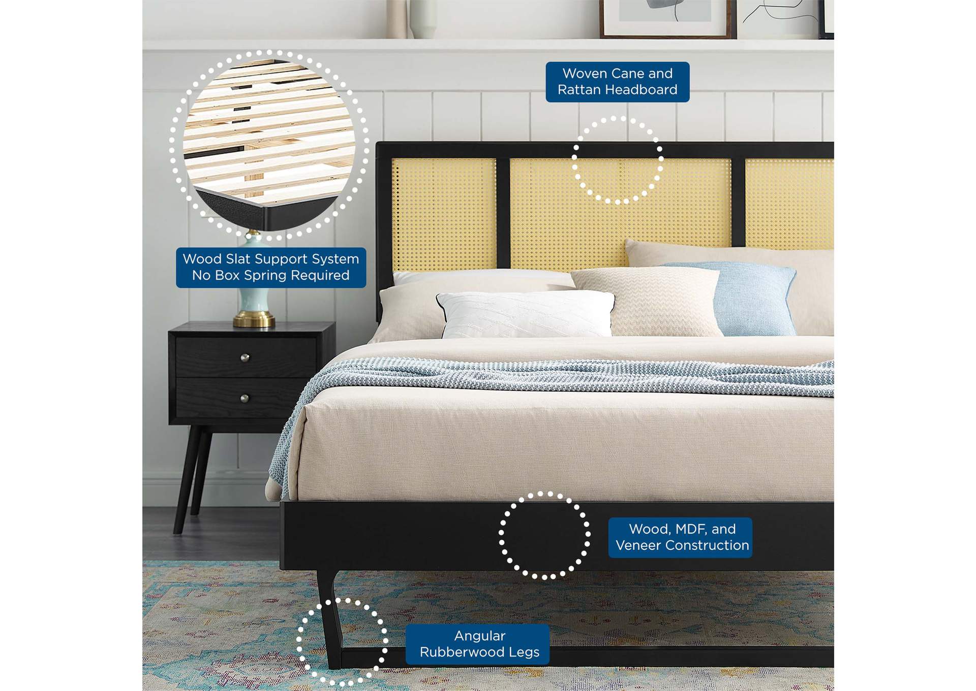 Black Kelsea Cane and Wood Queen Platform Bed With Angular Legs,Modway