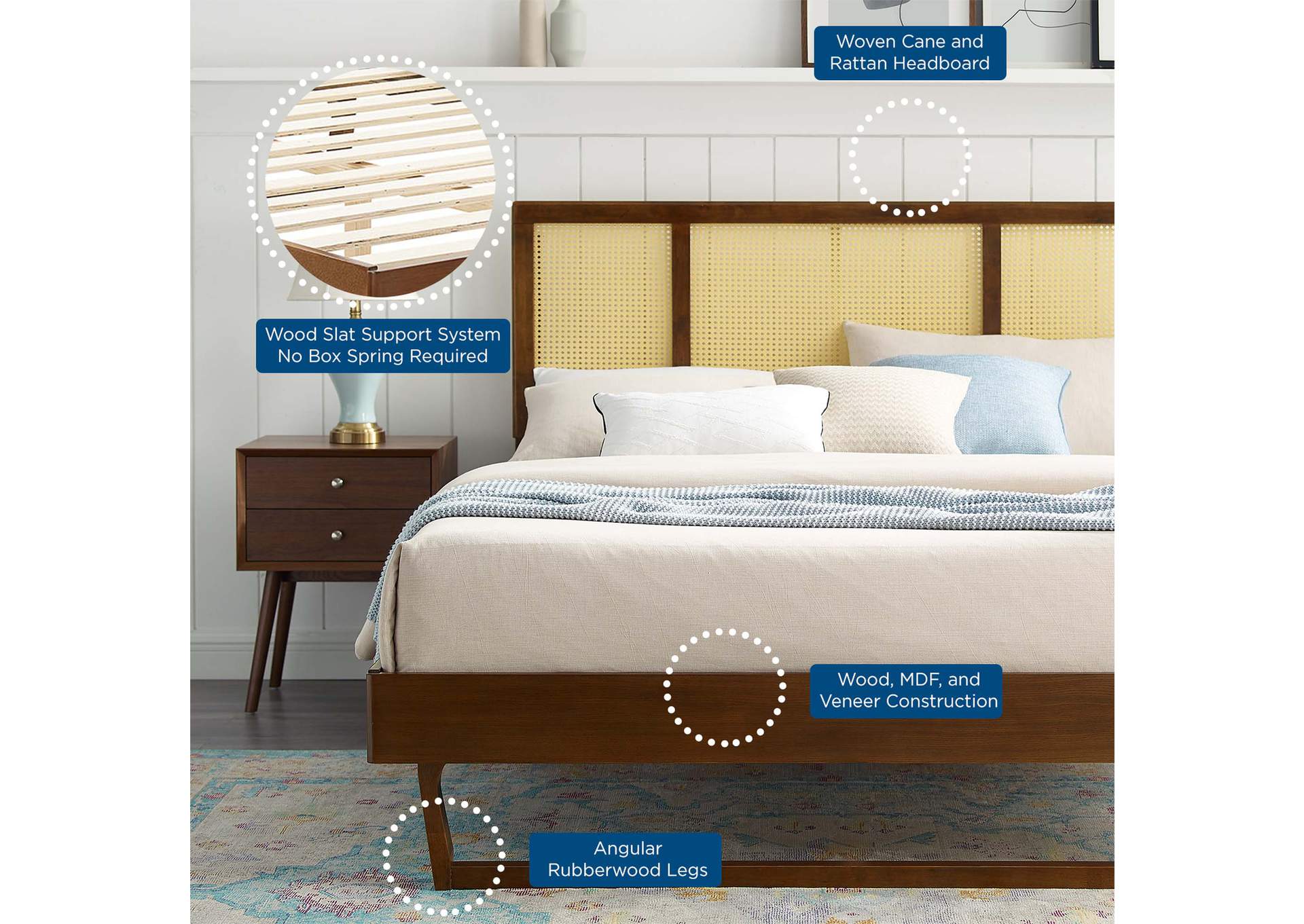 Walnut Kelsea Cane and Wood Queen Platform Bed With Angular Legs,Modway