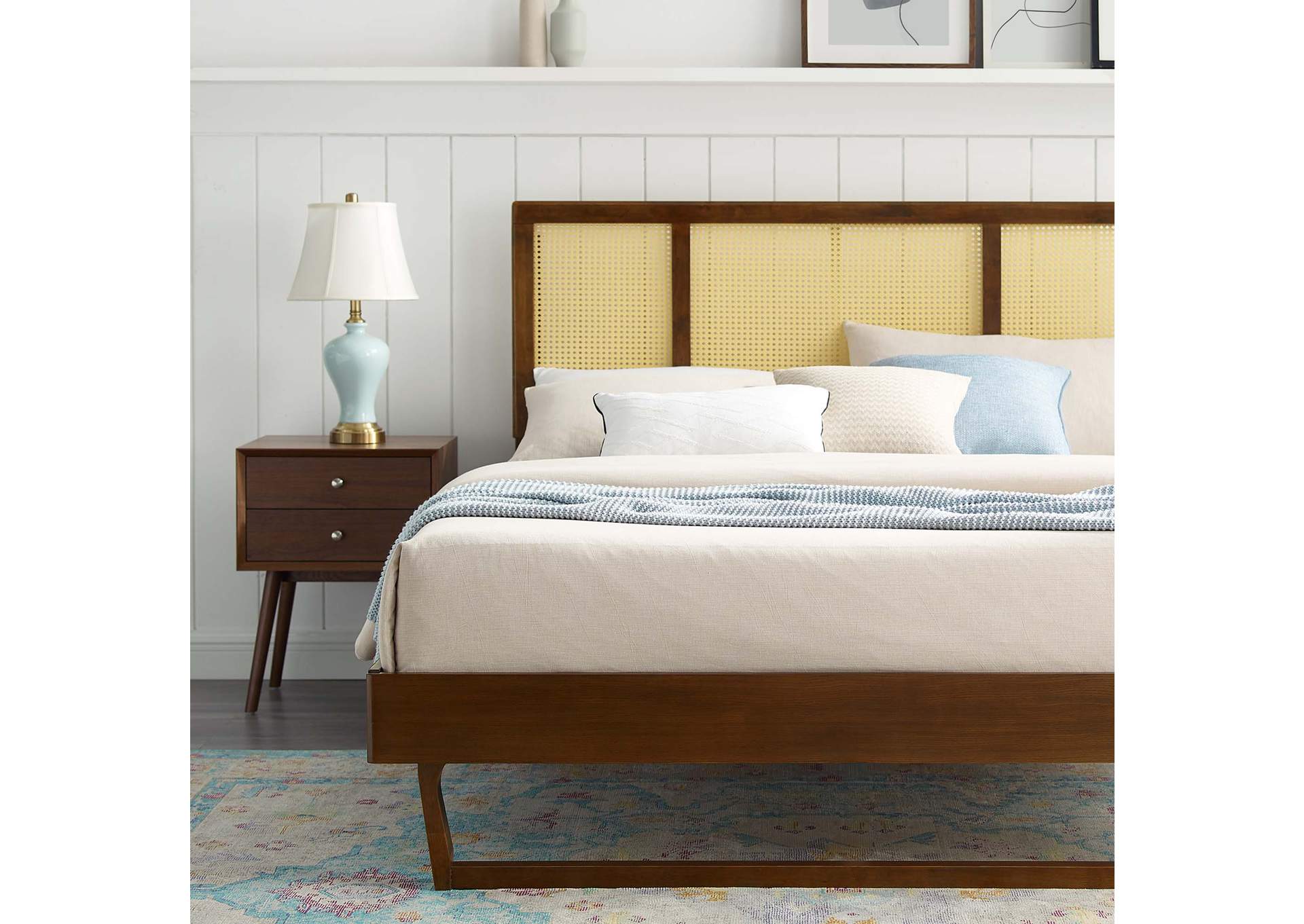 Walnut Kelsea Cane and Wood Queen Platform Bed With Angular Legs,Modway