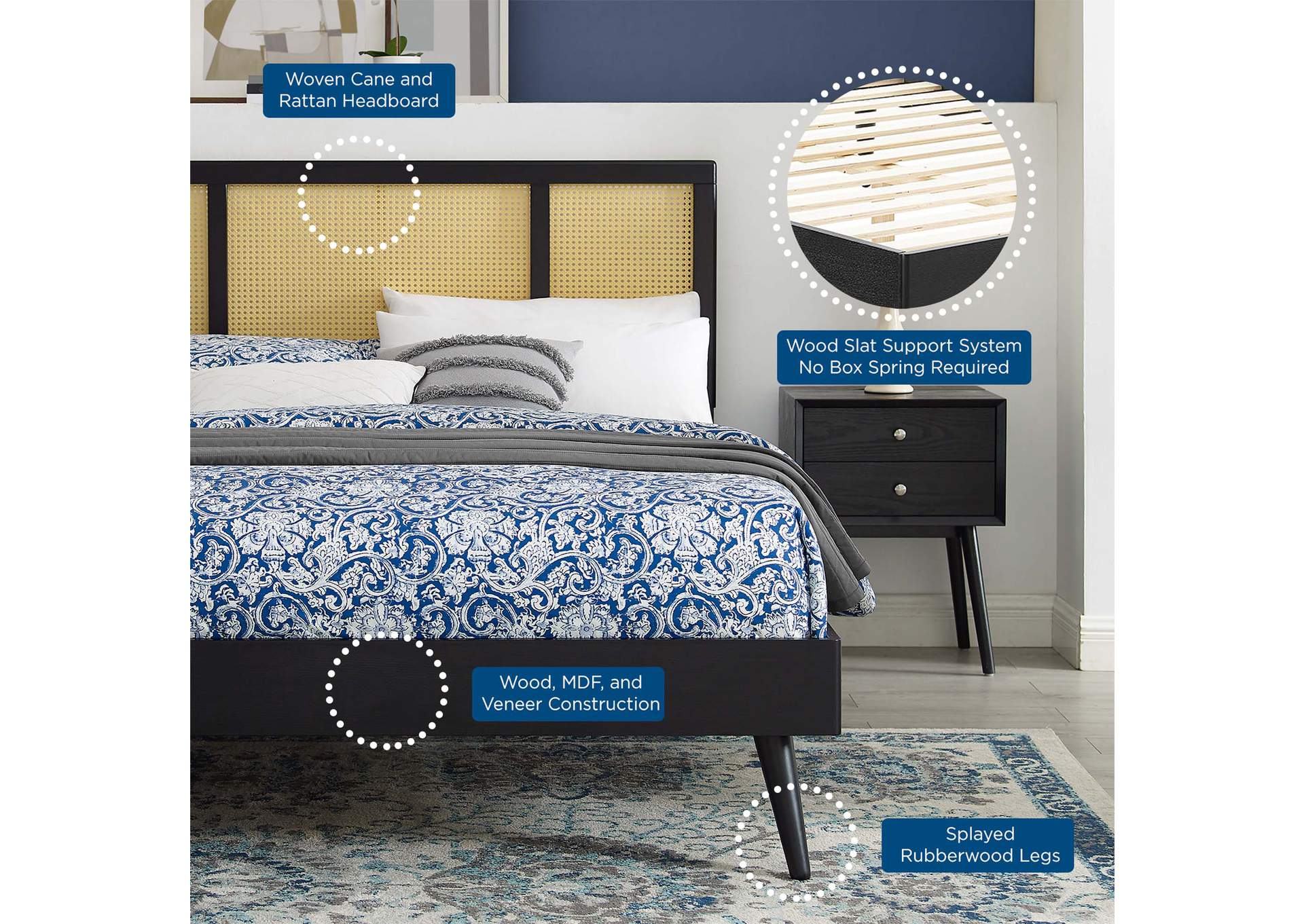 Black Kelsea Cane and Wood Queen Platform Bed With Splayed Legs,Modway