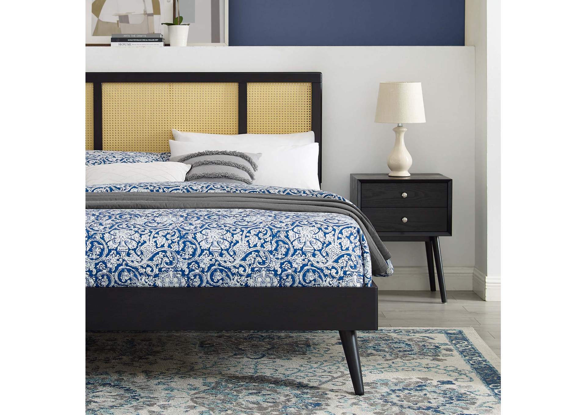 Black Kelsea Cane and Wood Queen Platform Bed With Splayed Legs,Modway