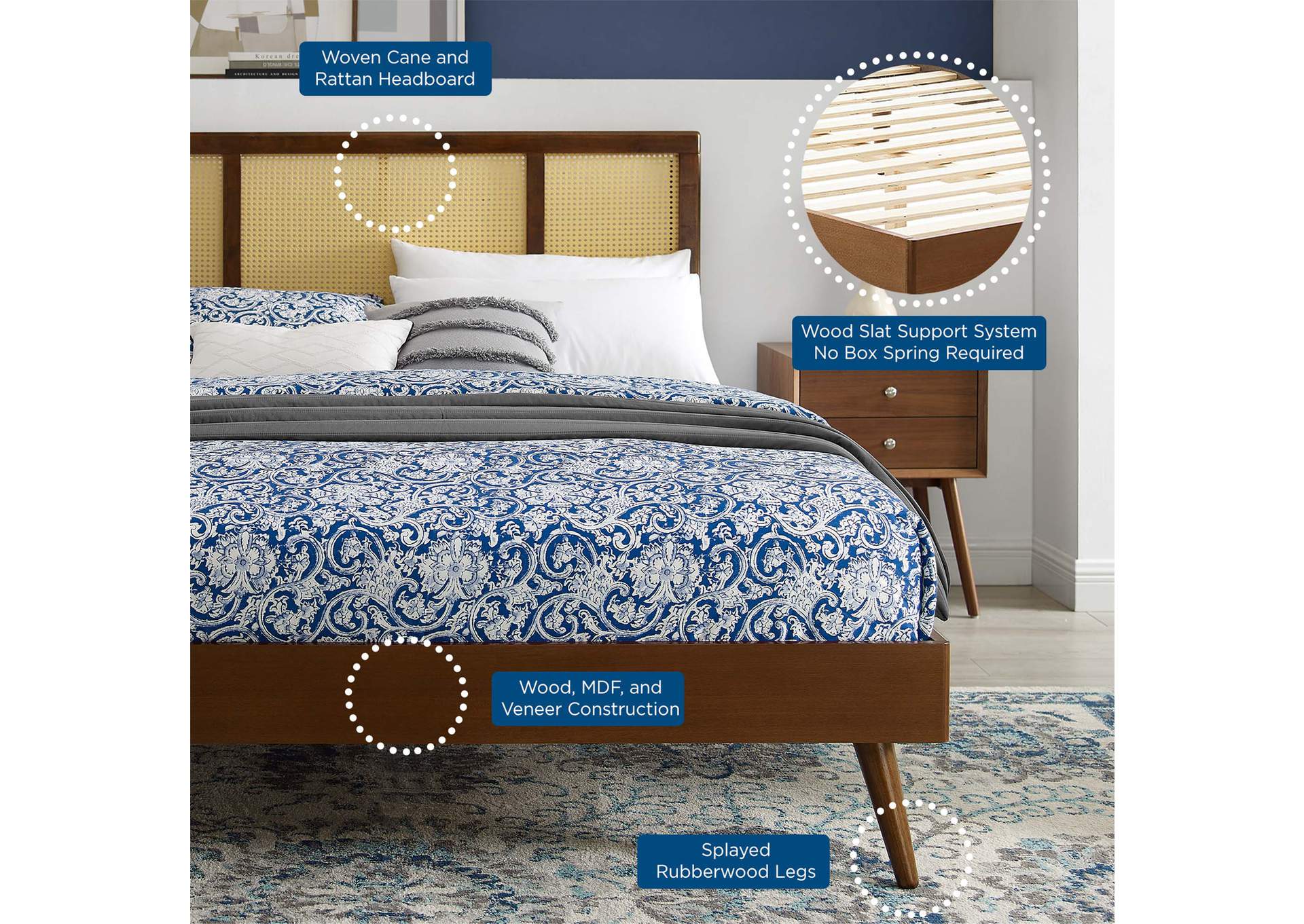 Walnut Kelsea Cane and Wood Queen Platform Bed With Splayed Legs,Modway