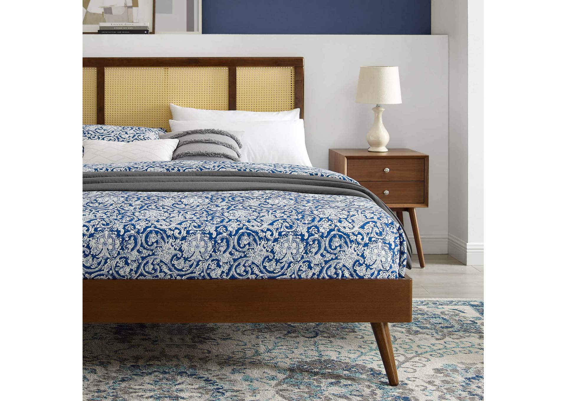 Walnut Kelsea Cane and Wood Queen Platform Bed With Splayed Legs,Modway
