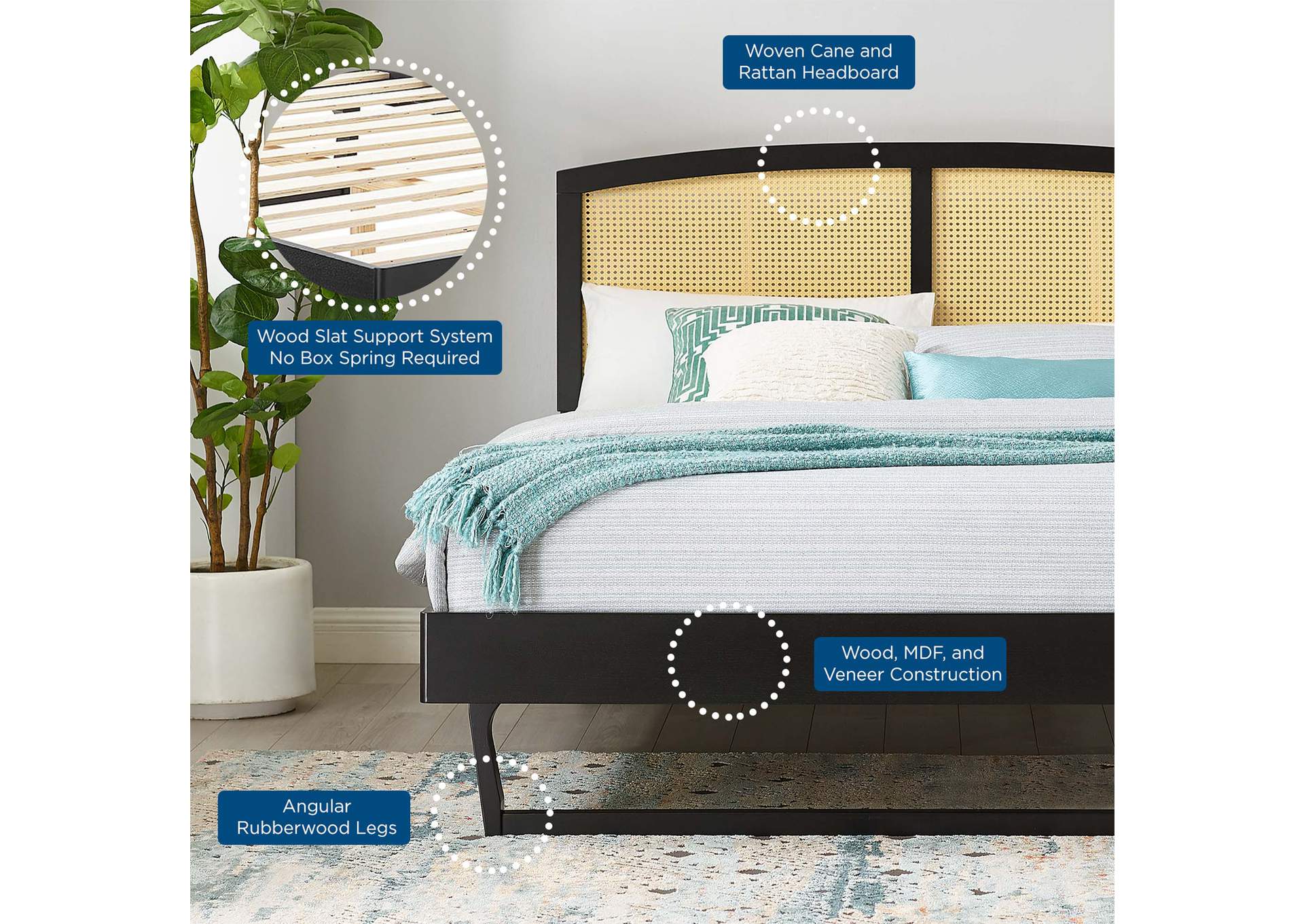 Black Sierra Cane and Wood Queen Platform Bed With Angular Legs,Modway