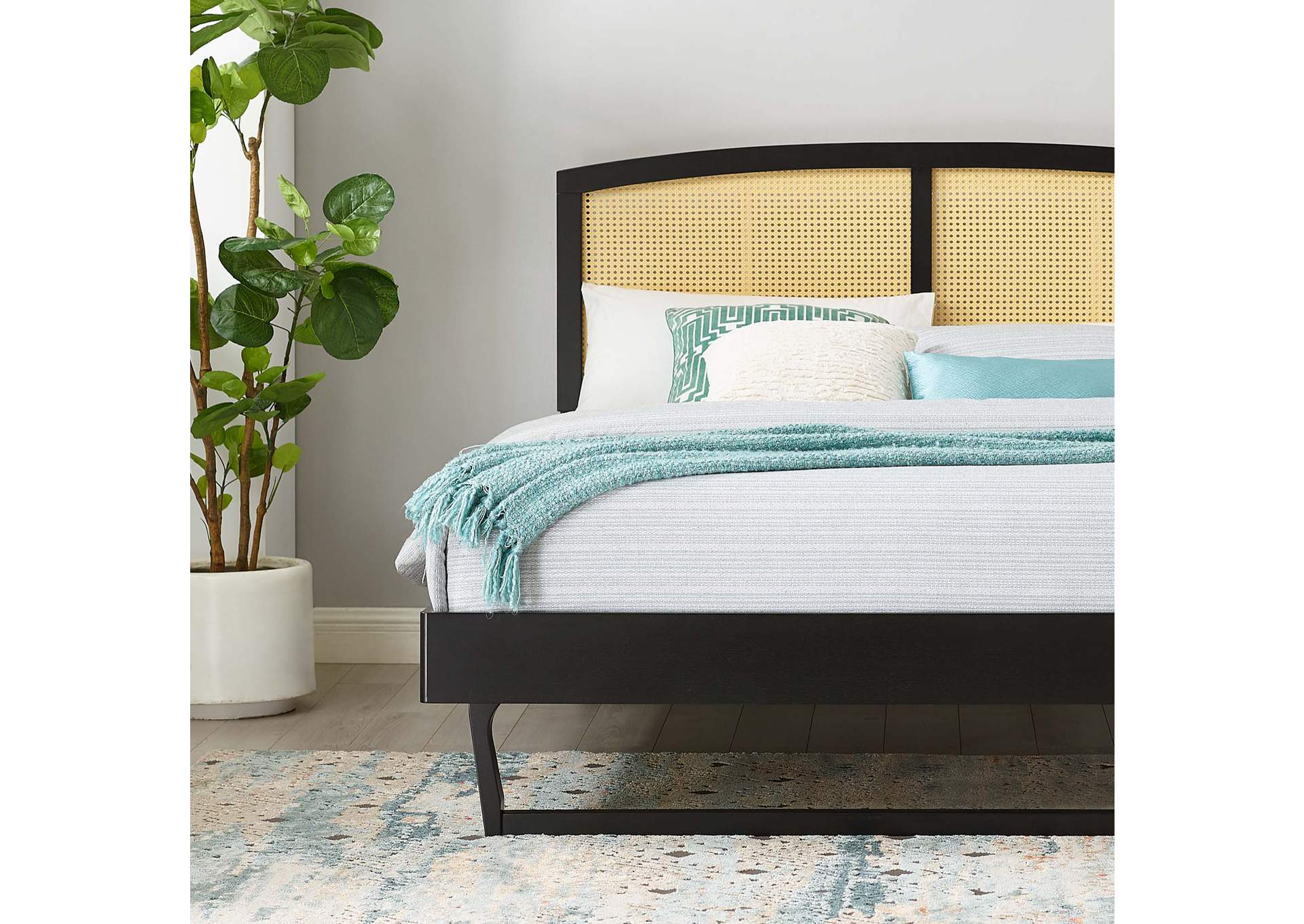 Black Sierra Cane and Wood Queen Platform Bed With Angular Legs,Modway