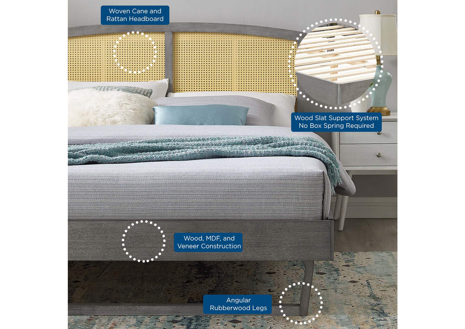 Gray Sierra Cane and Wood Queen Platform Bed With Angular Legs,Modway