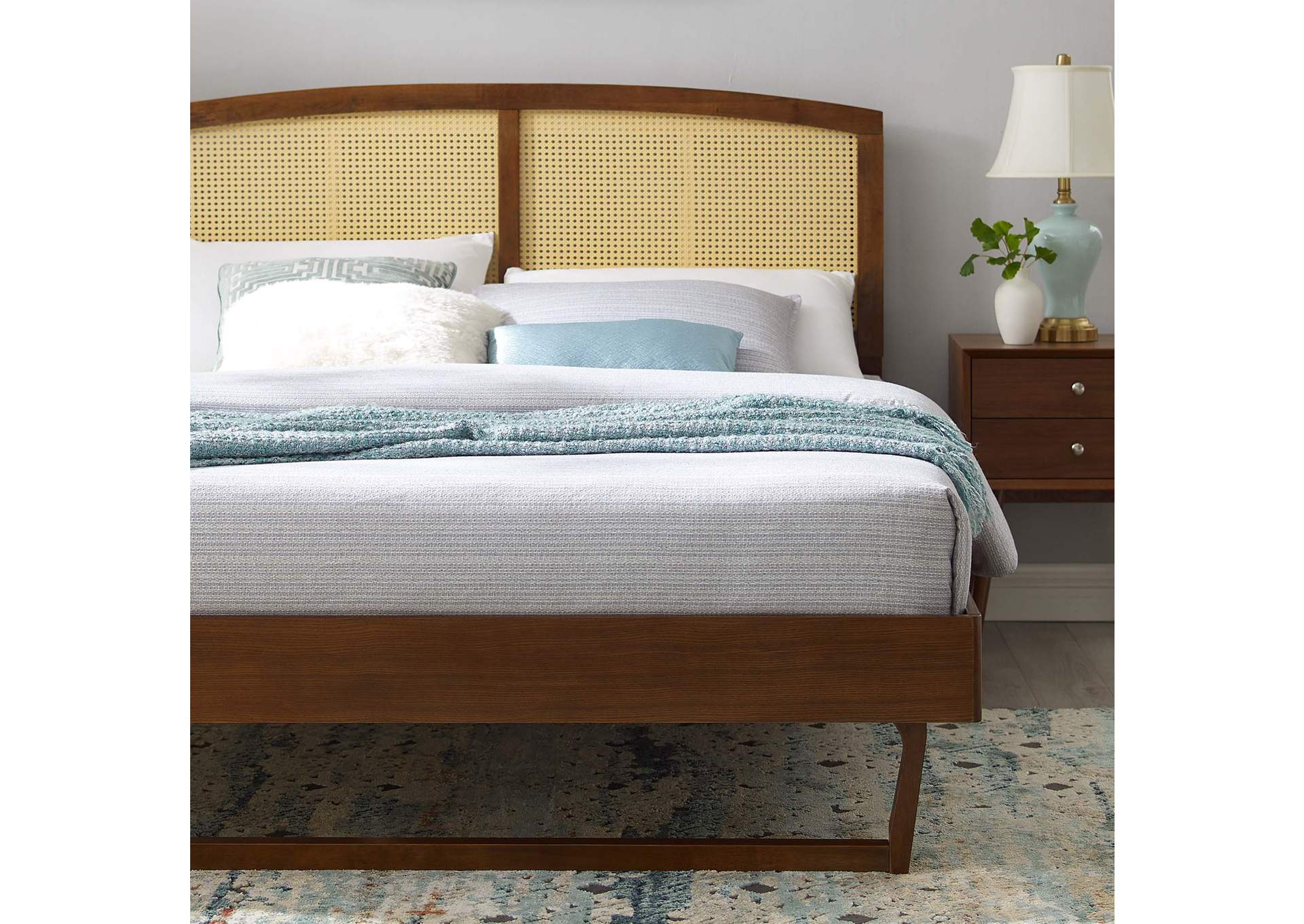 Walnut Sierra Cane and Wood Queen Platform Bed With Angular Legs,Modway