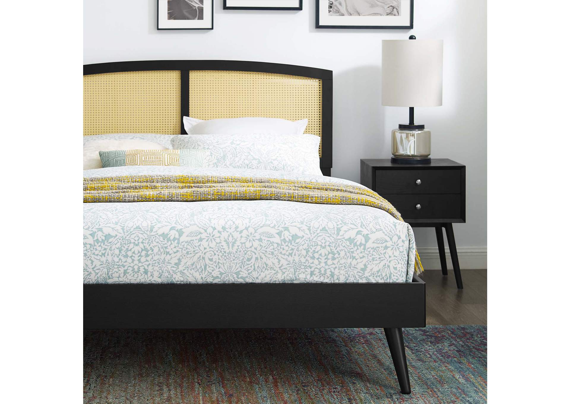 Black Sierra Cane and Wood Queen Platform Bed With Splayed Legs,Modway