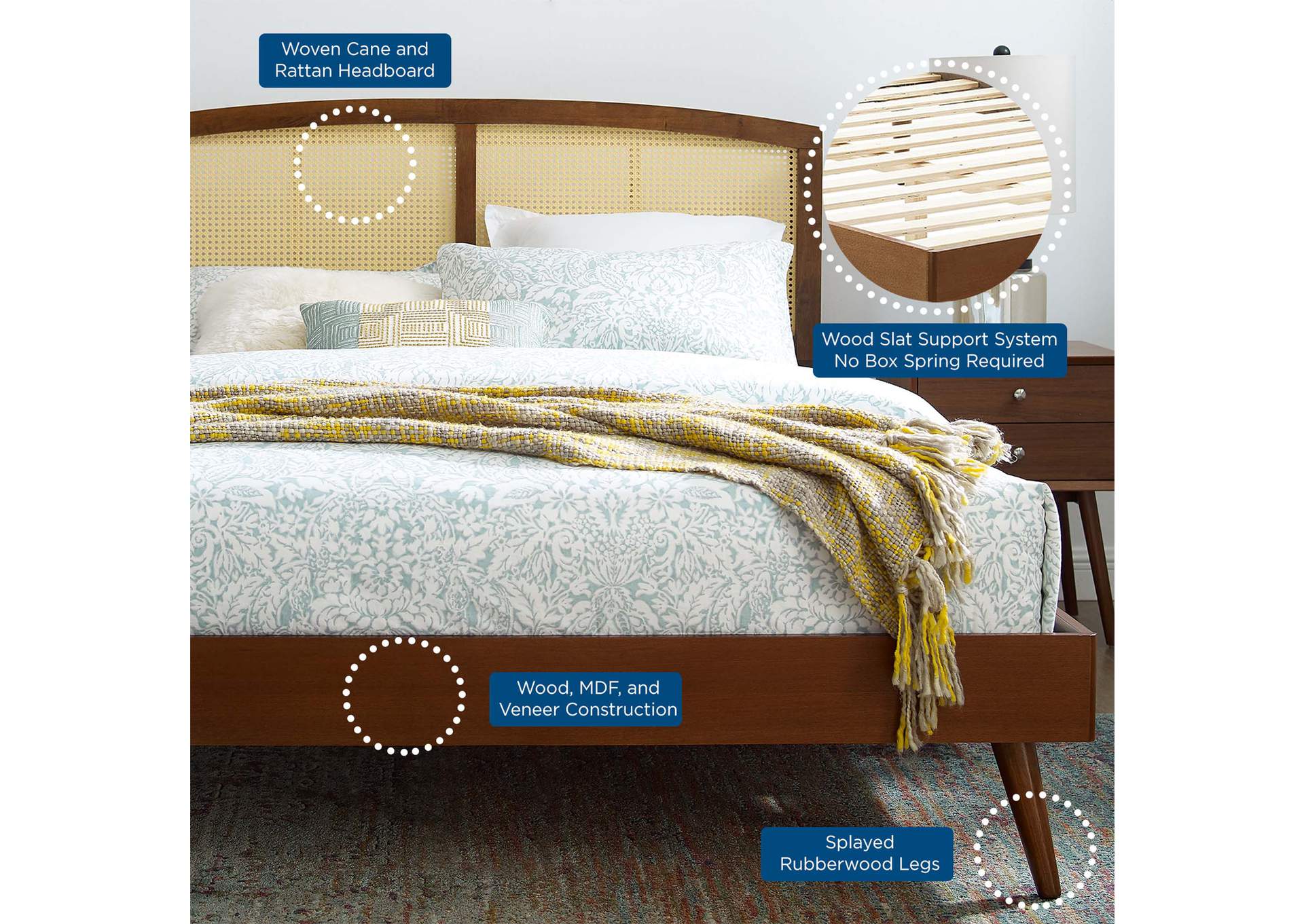 Walnut Sierra Cane and Wood Queen Platform Bed With Splayed Legs,Modway