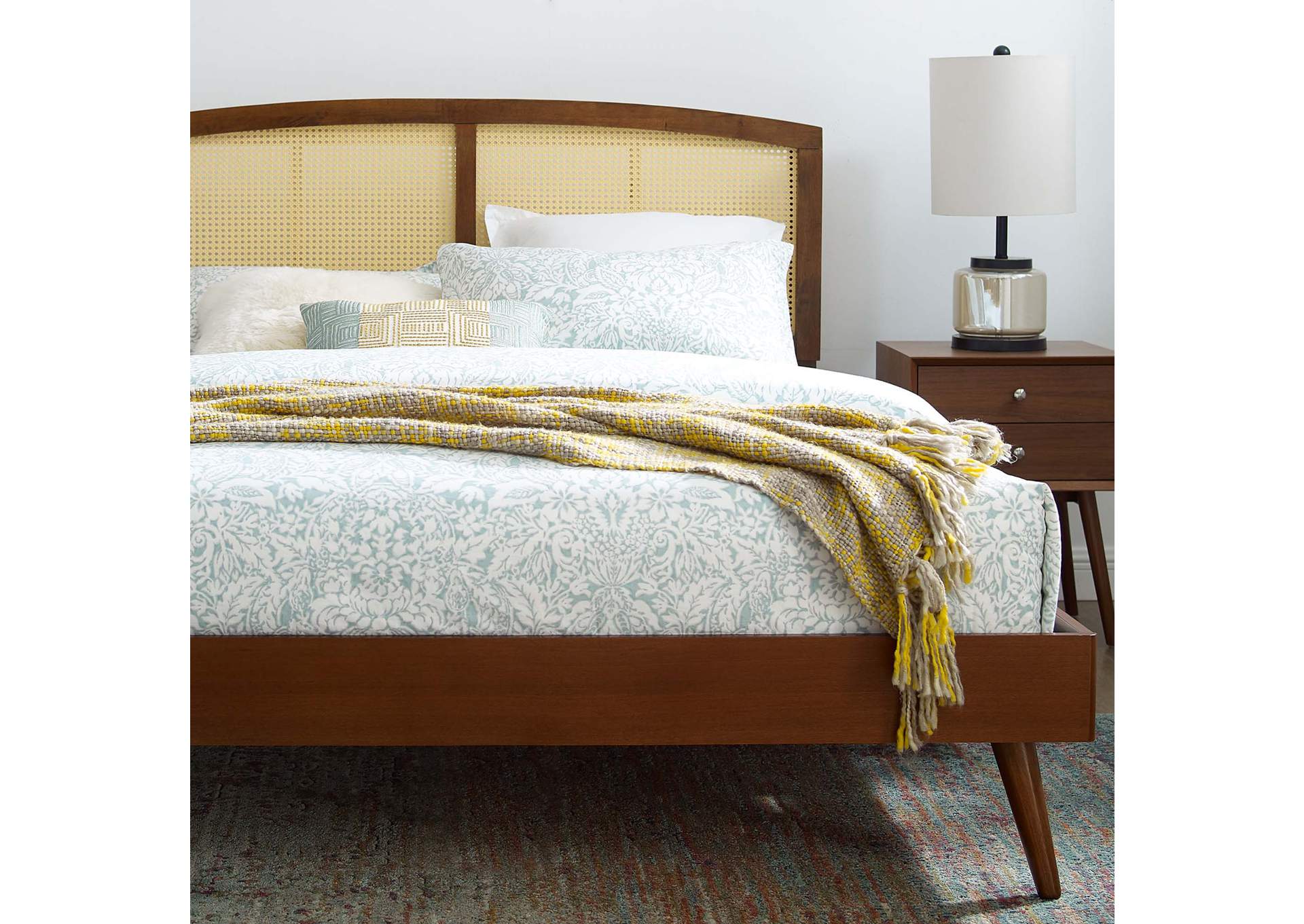 Walnut Sierra Cane and Wood Queen Platform Bed With Splayed Legs,Modway