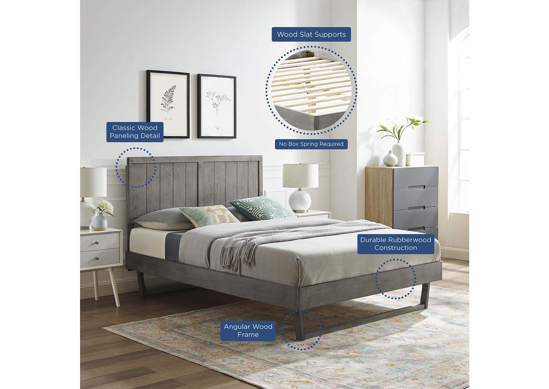 Gray Alana Queen Wood Platform Bed With Angular Frame,Modway