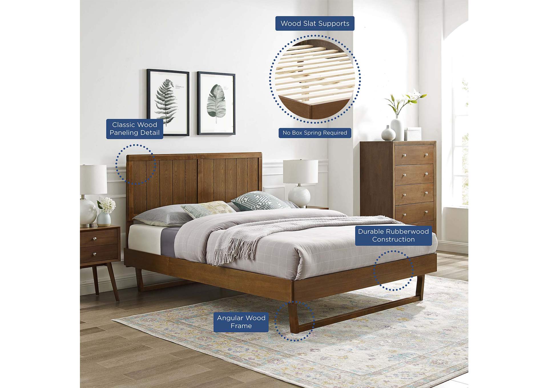 Walnut Alana Queen Wood Platform Bed With Angular Frame,Modway