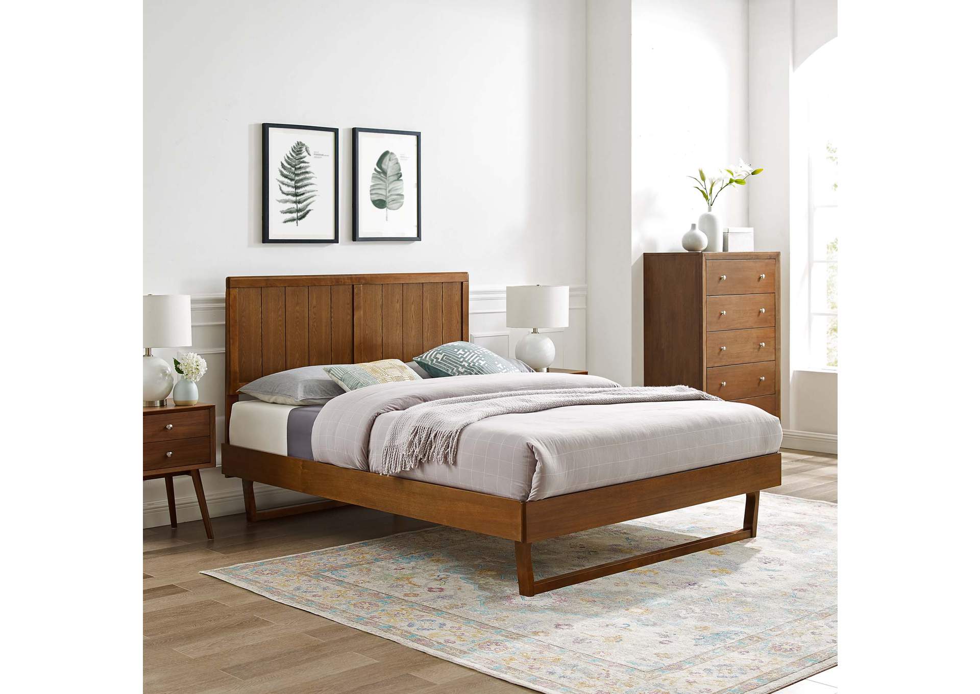 Walnut Alana Queen Wood Platform Bed With Angular Frame,Modway