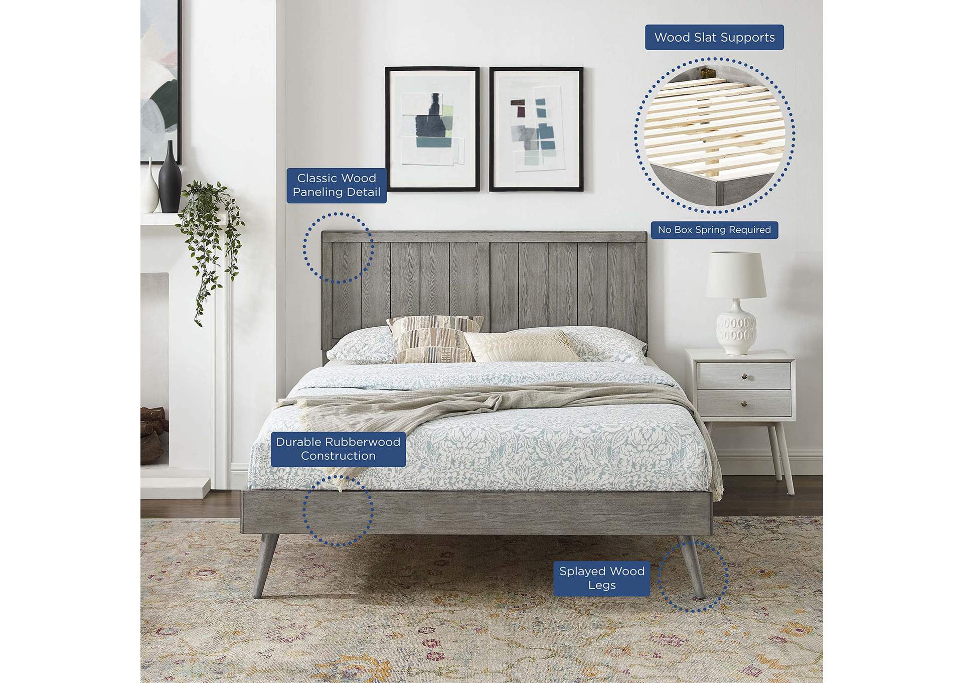 Gray Alana Queen Wood Platform Bed With Splayed Legs,Modway