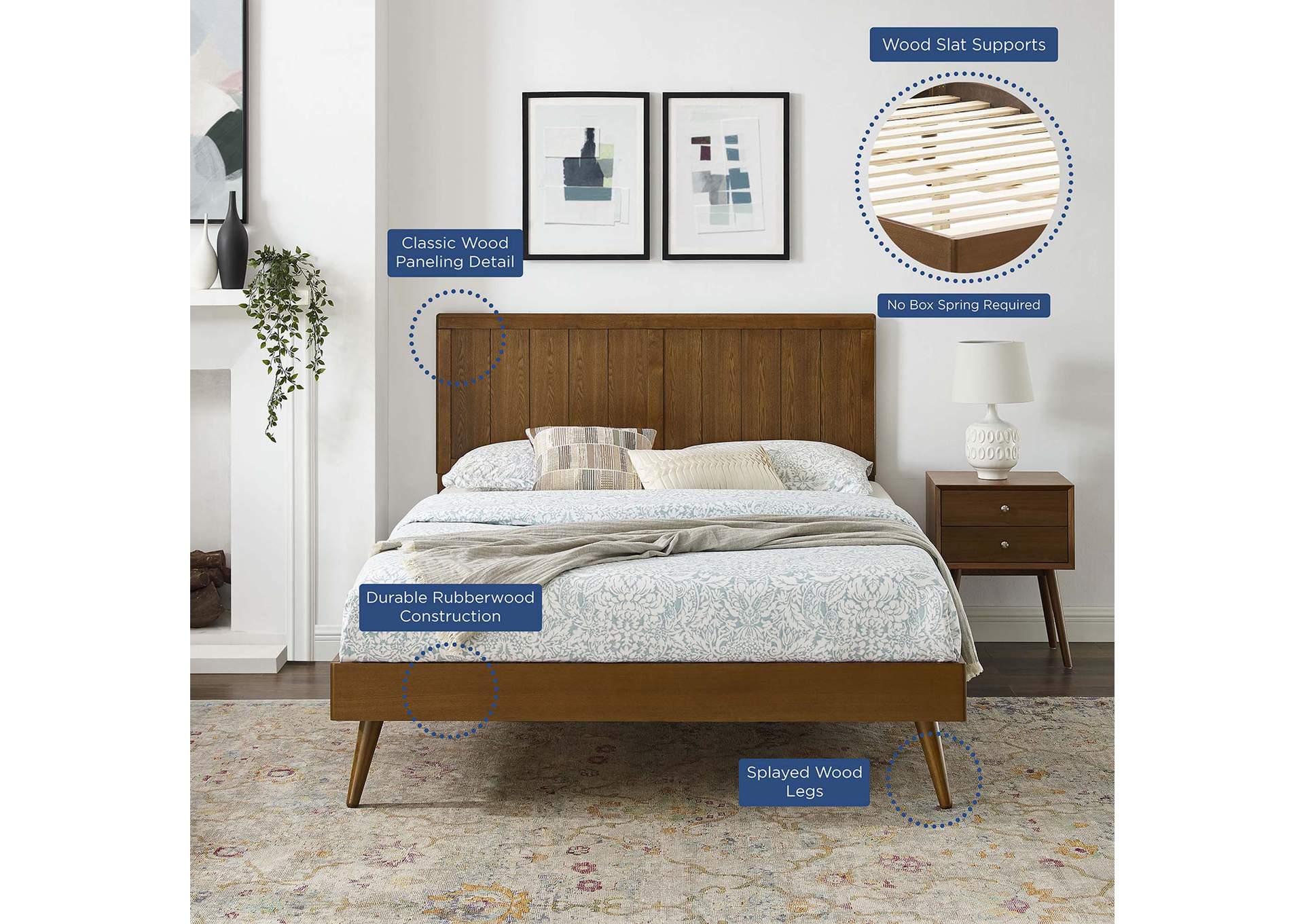 Walnut Alana Queen Wood Platform Bed With Splayed Legs,Modway