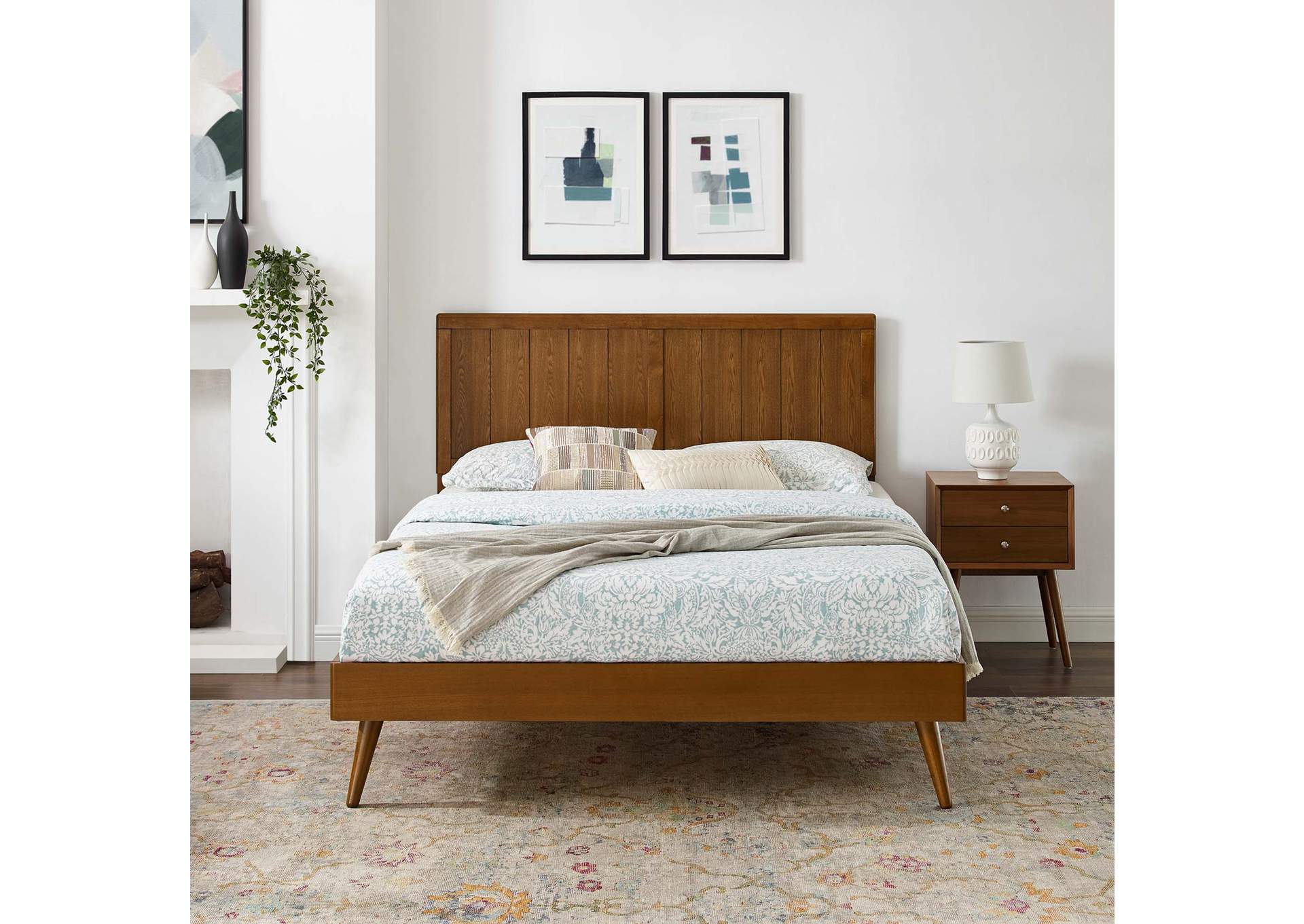 Walnut Alana Queen Wood Platform Bed With Splayed Legs,Modway