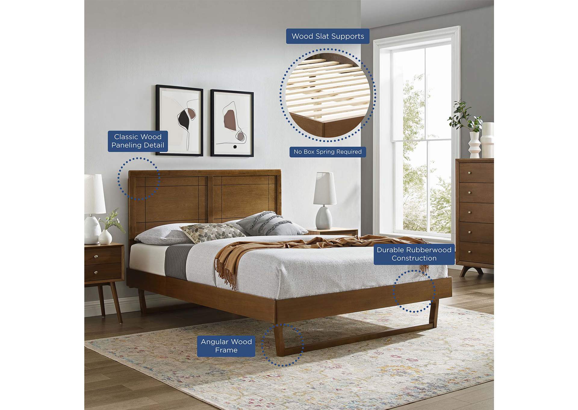Walnut Marlee Queen Wood Platform Bed With Angular Frame,Modway