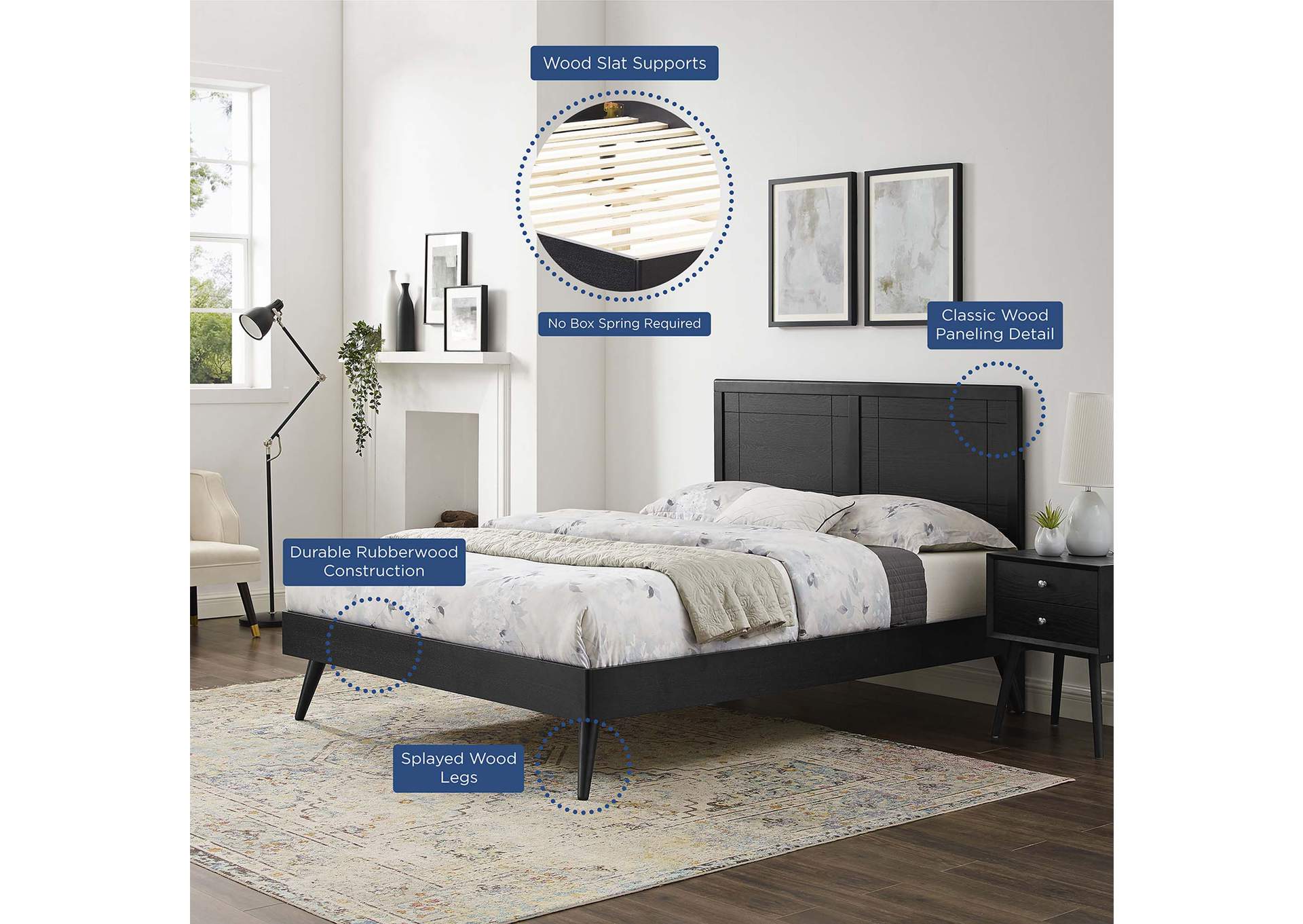Black Marlee Queen Wood Platform Bed With Splayed Legs,Modway