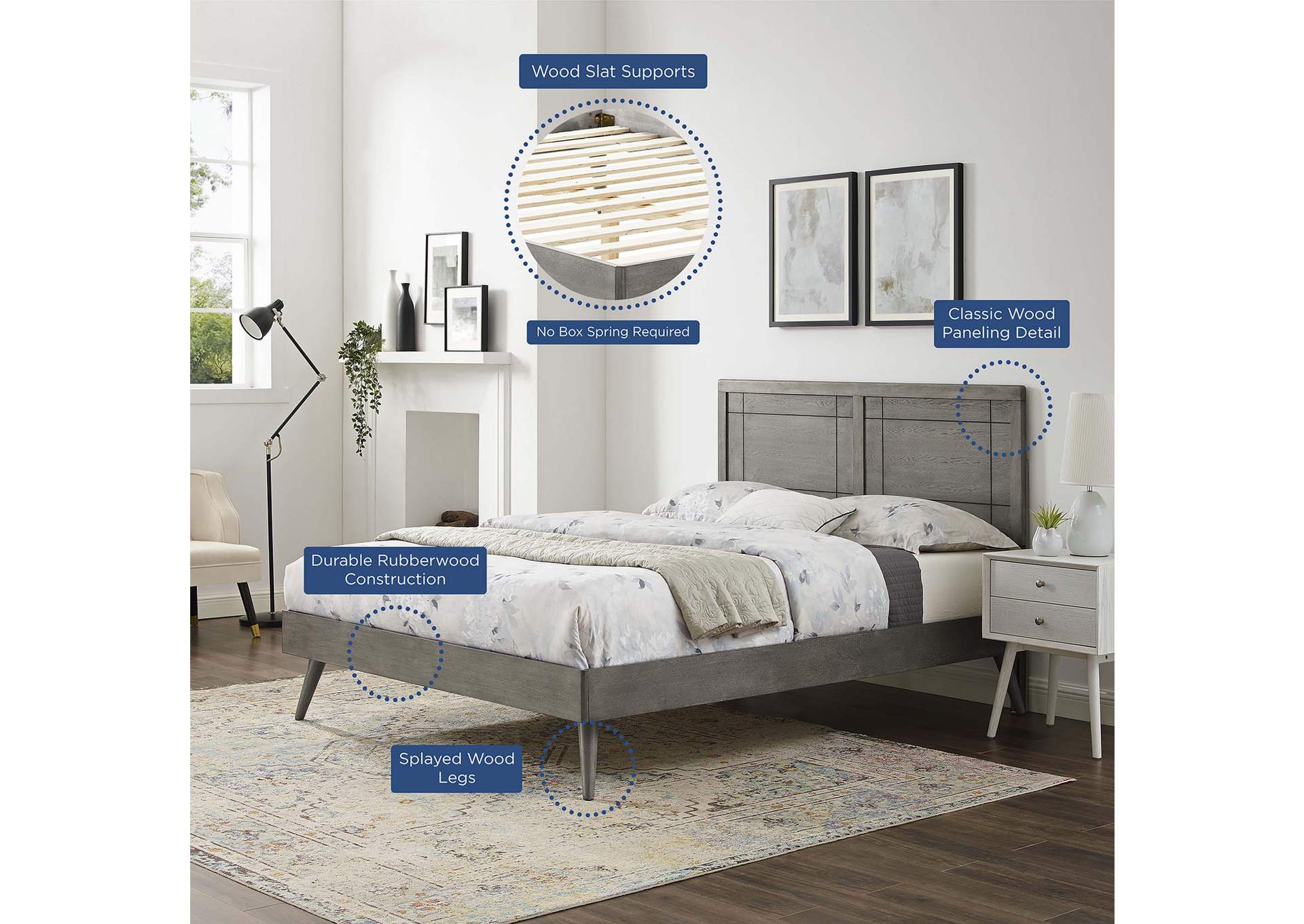 Gray Marlee Queen Wood Platform Bed With Splayed Legs,Modway