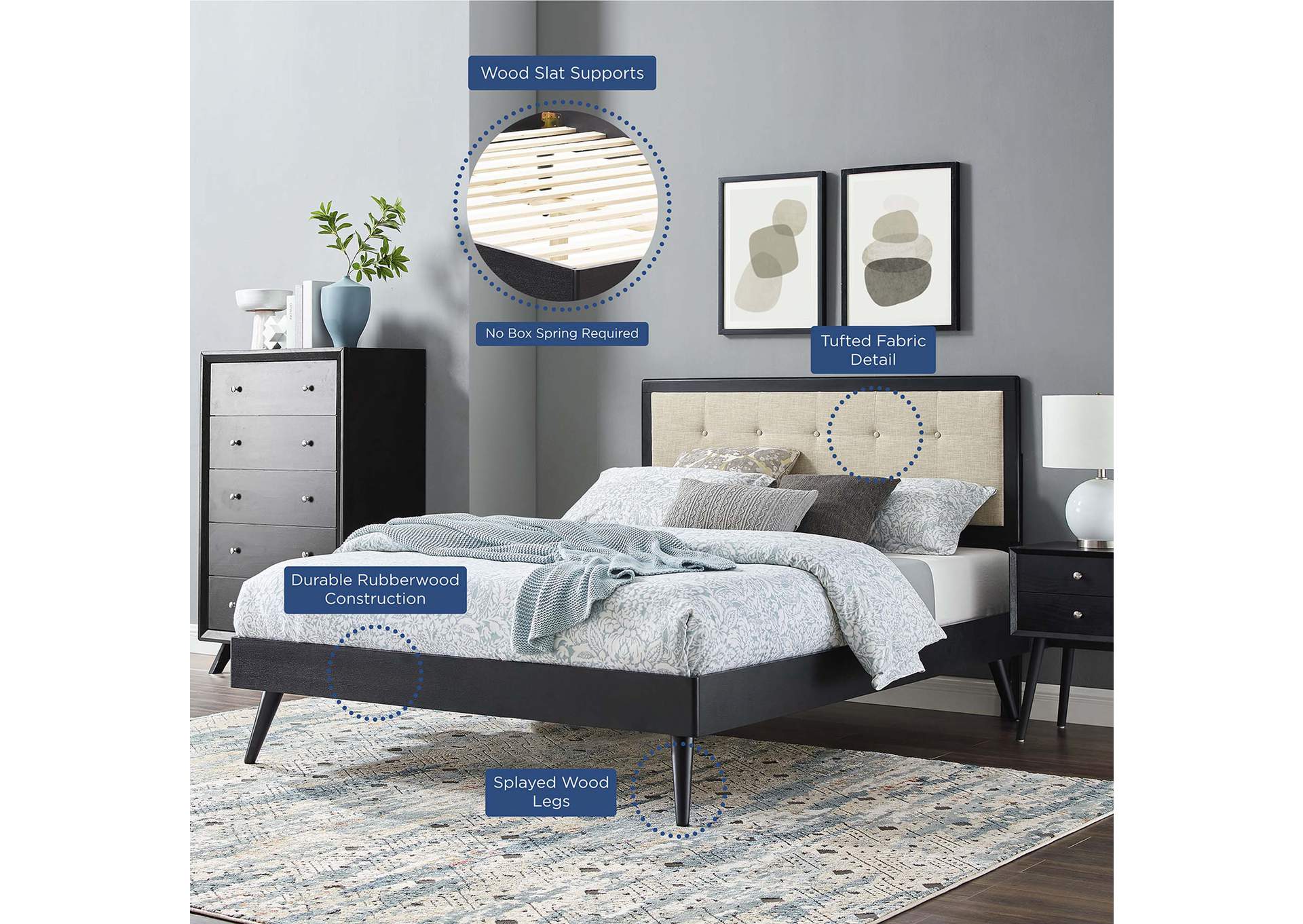 Black Beige Willow Queen Wood Platform Bed With Splayed Legs,Modway