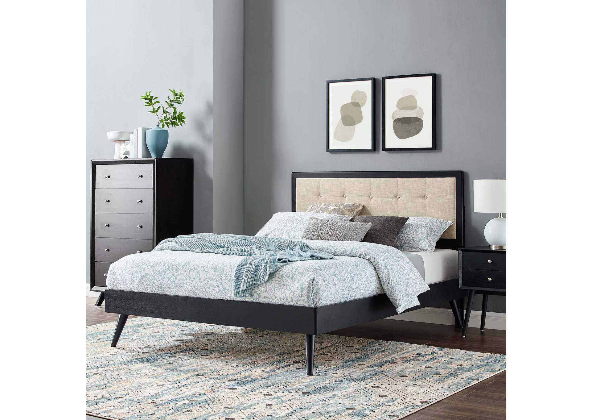 Black Beige Willow Queen Wood Platform Bed With Splayed Legs,Modway