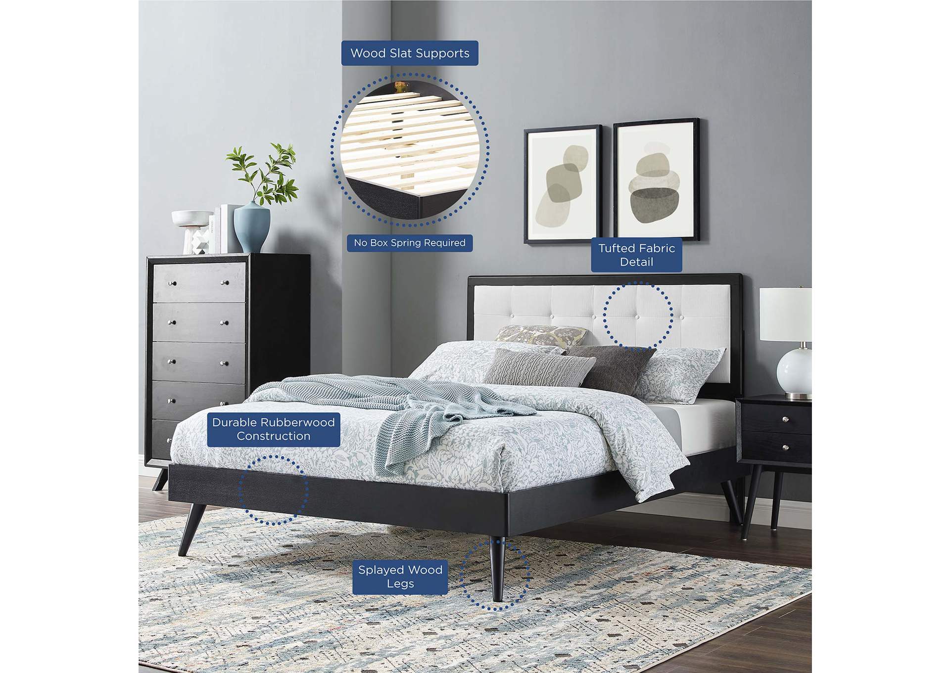 Black White Willow Queen Wood Platform Bed With Splayed Legs,Modway