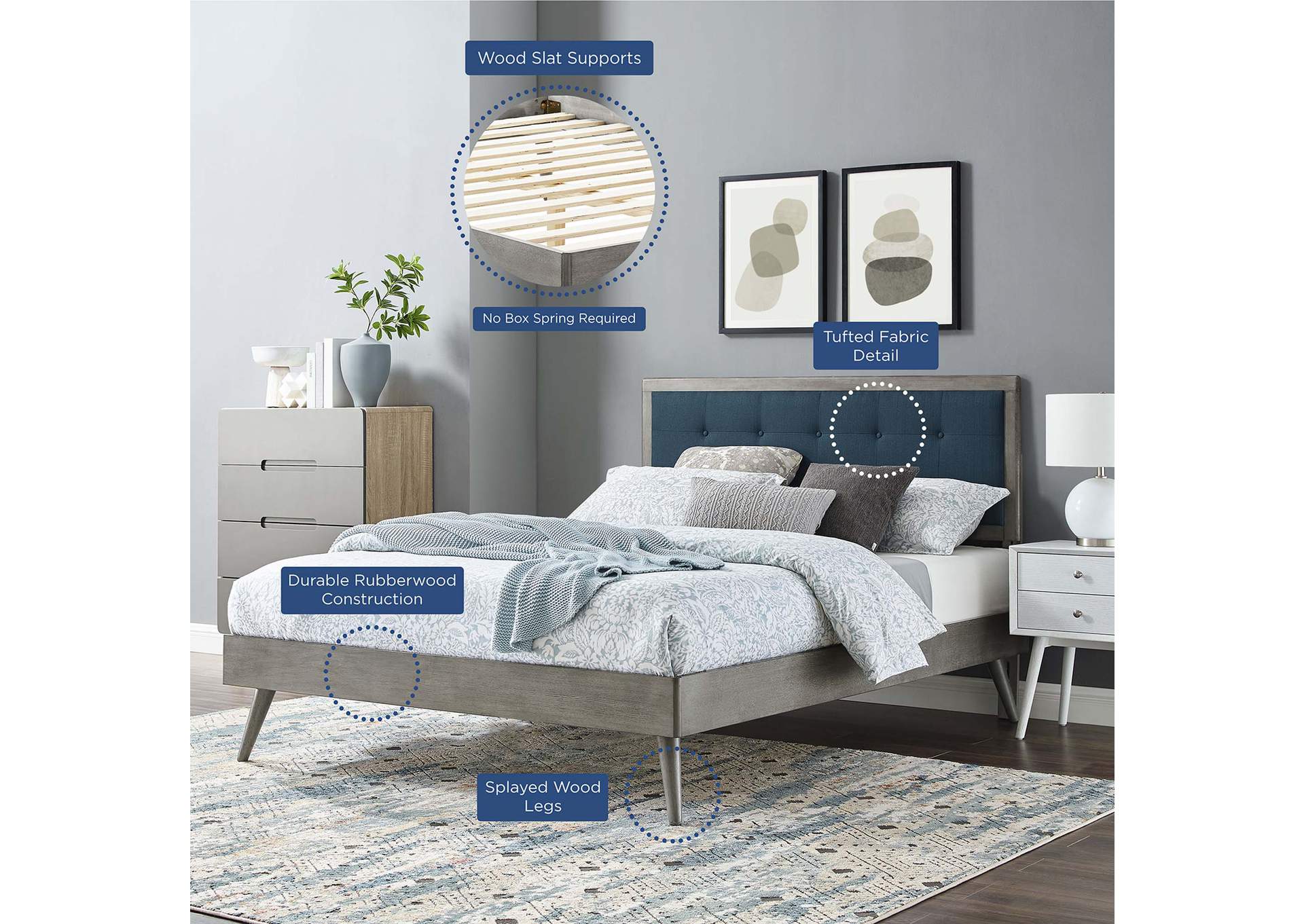 Gray Azure Willow Queen Wood Platform Bed With Splayed Legs,Modway