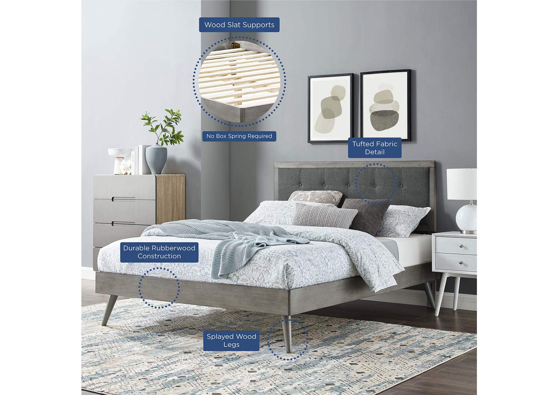 Gray Charcoal Willow Queen Wood Platform Bed With Splayed Legs,Modway