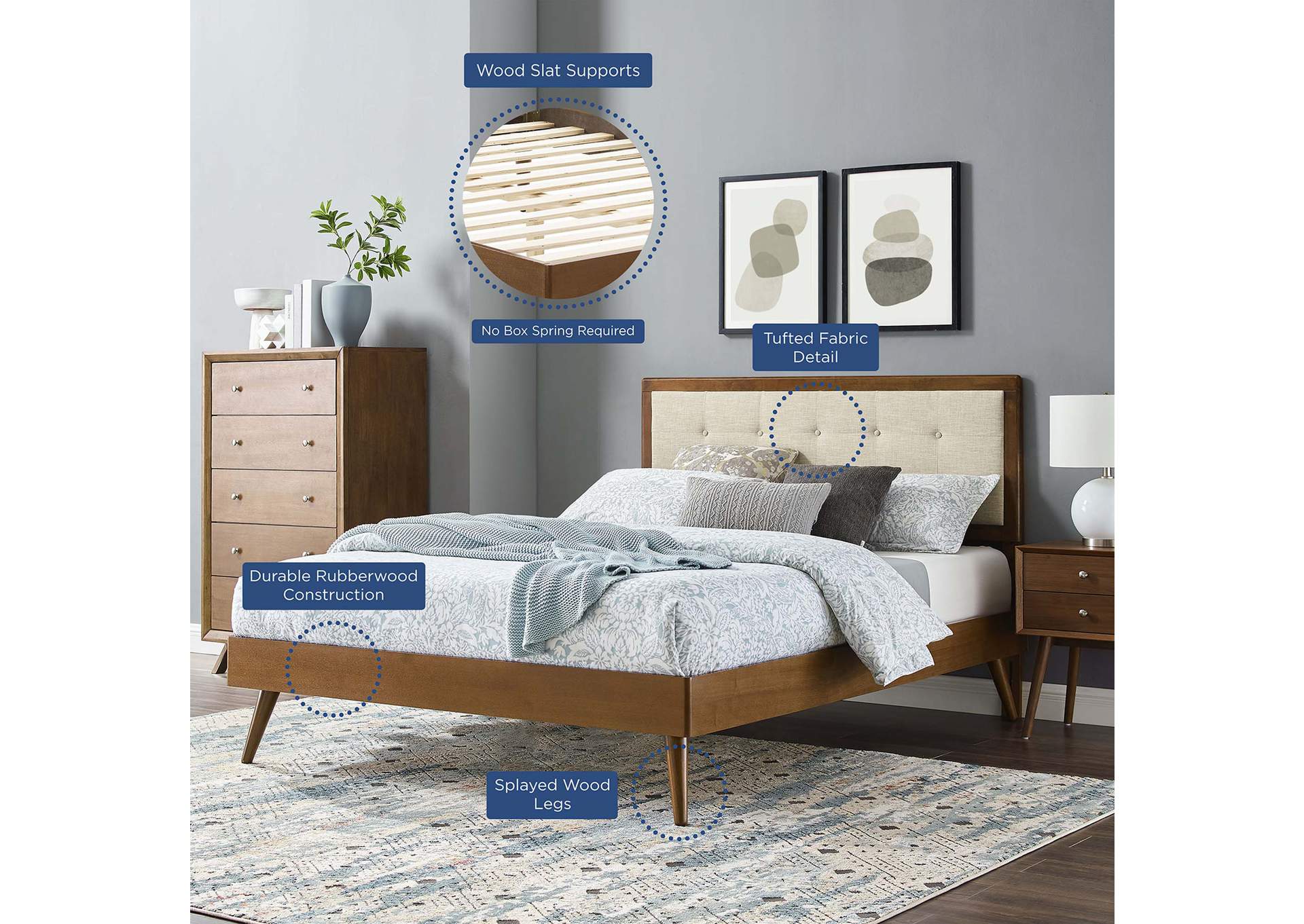Walnut Beige Willow Queen Wood Platform Bed With Splayed Legs,Modway