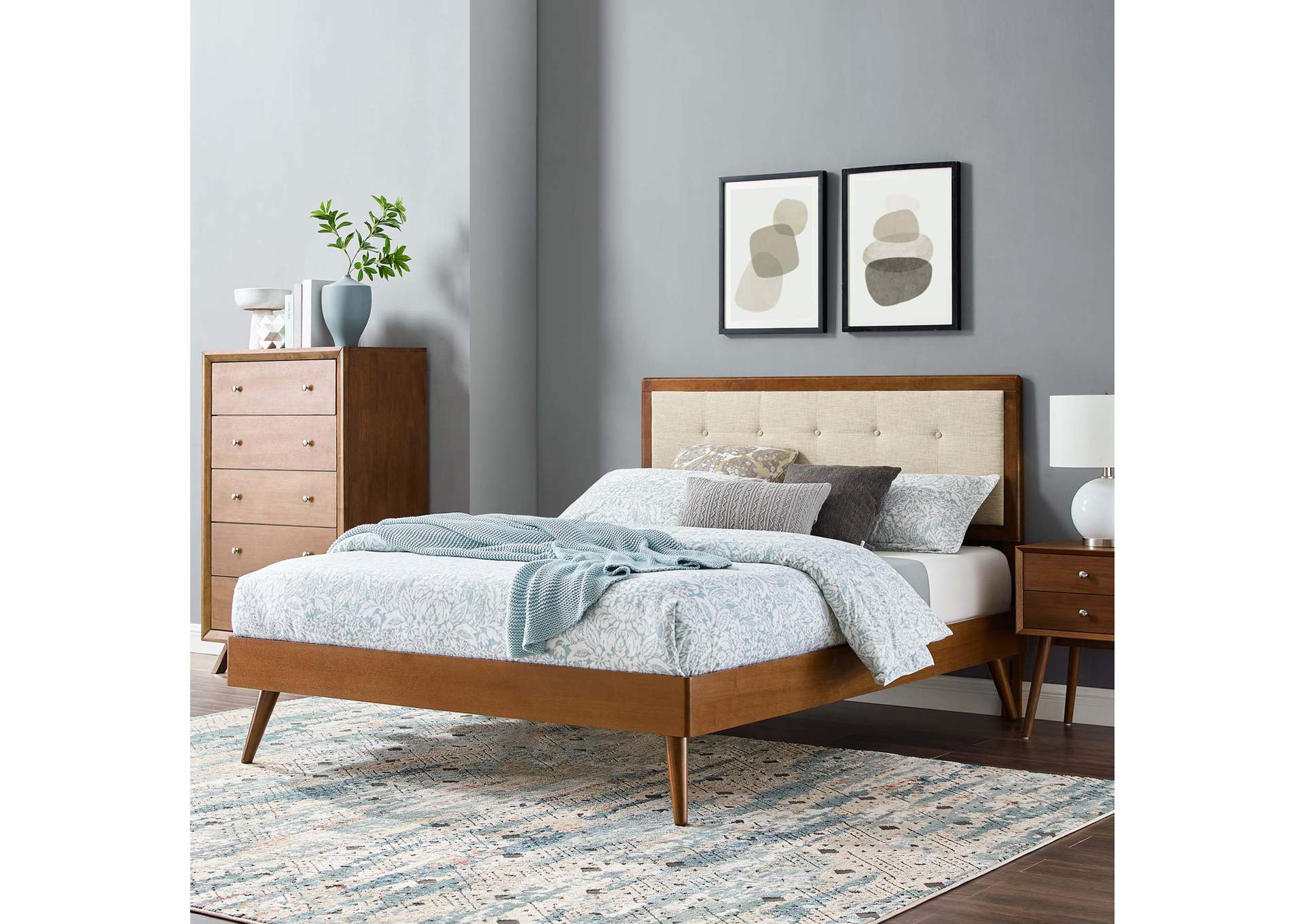 Walnut Beige Willow Queen Wood Platform Bed With Splayed Legs,Modway