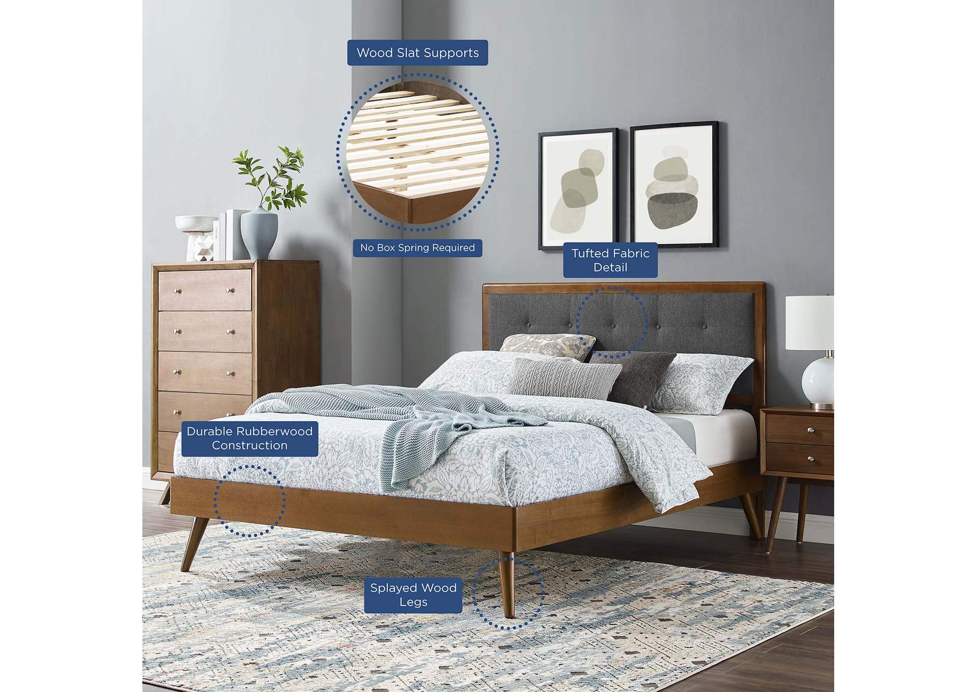 Walnut Charcoal Willow Queen Wood Platform Bed With Splayed Legs,Modway