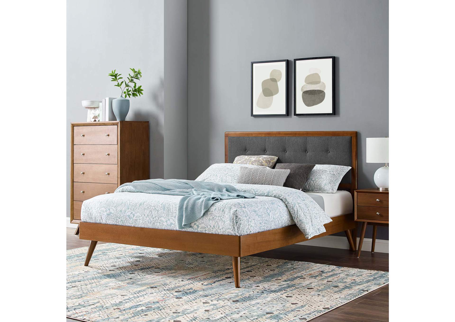 Walnut Charcoal Willow Queen Wood Platform Bed With Splayed Legs,Modway