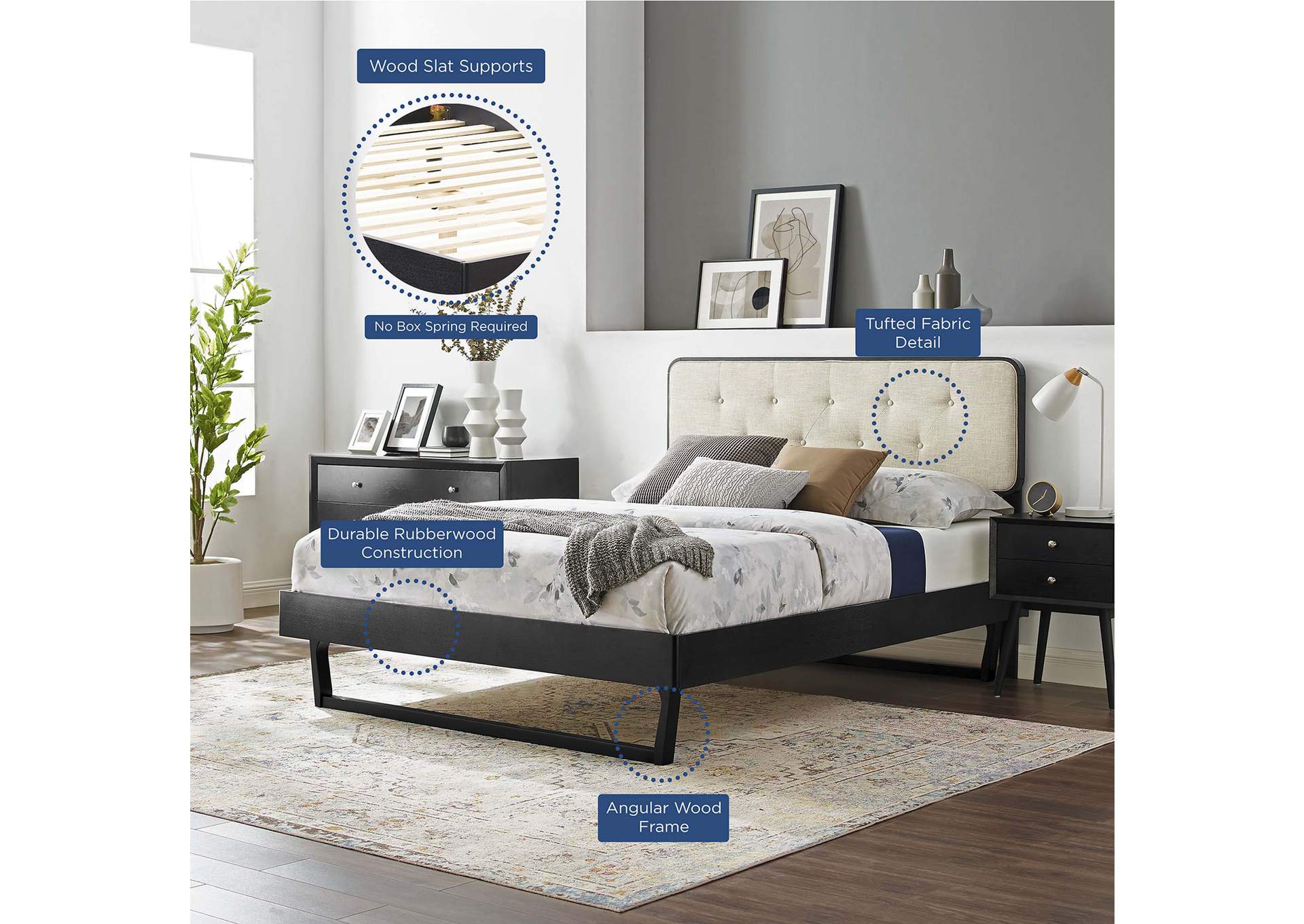Black Beige Bridgette Queen Wood Platform Bed With Angular Frame,Modway