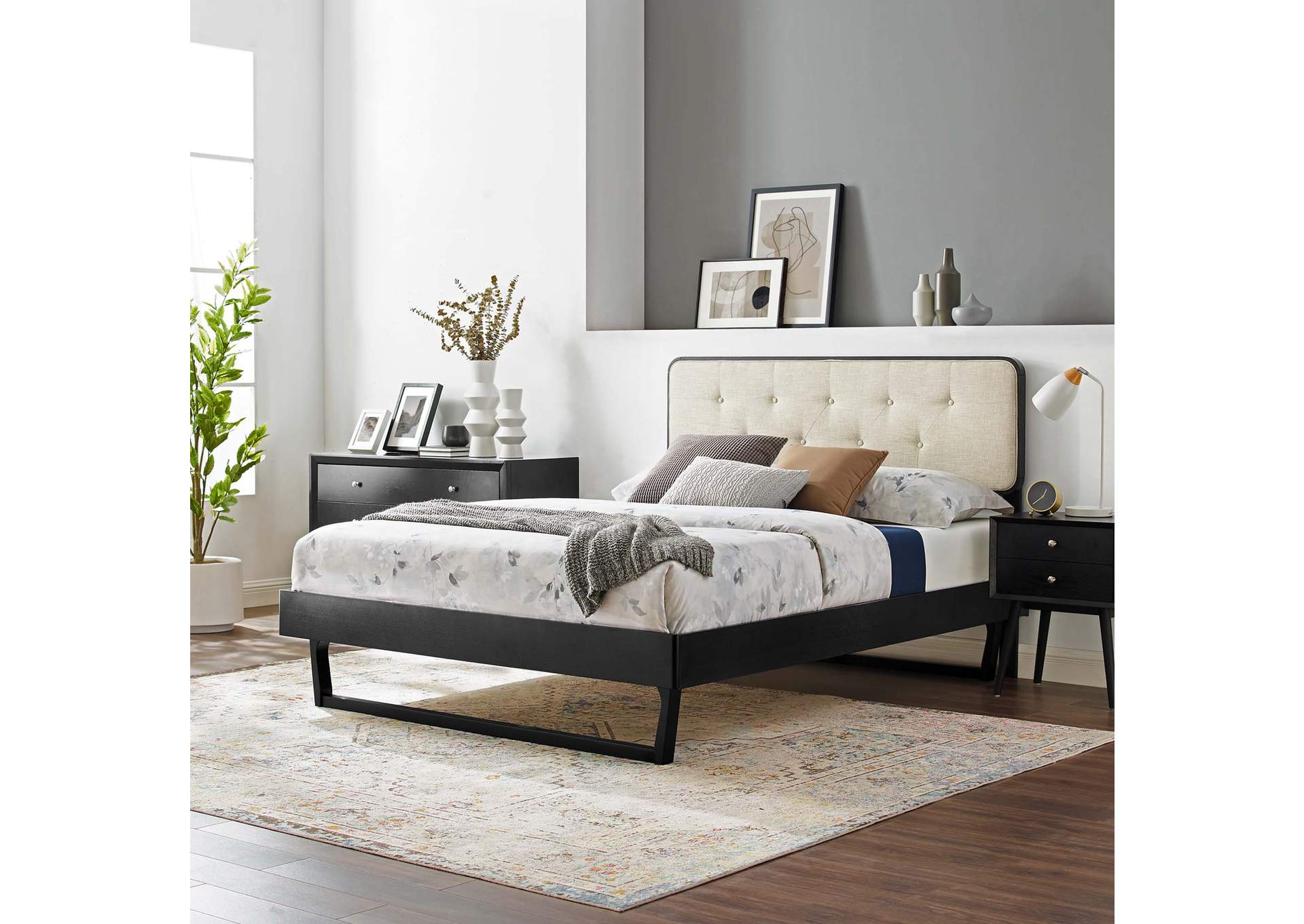 Black Beige Bridgette Queen Wood Platform Bed With Angular Frame,Modway
