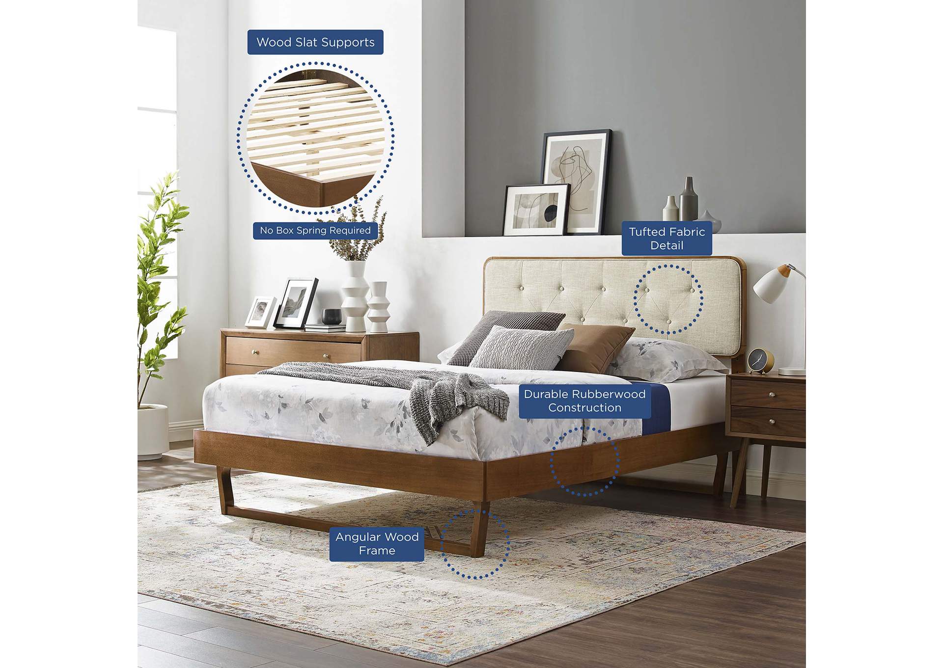 Walnut Beige Bridgette Queen Wood Platform Bed With Angular Frame,Modway