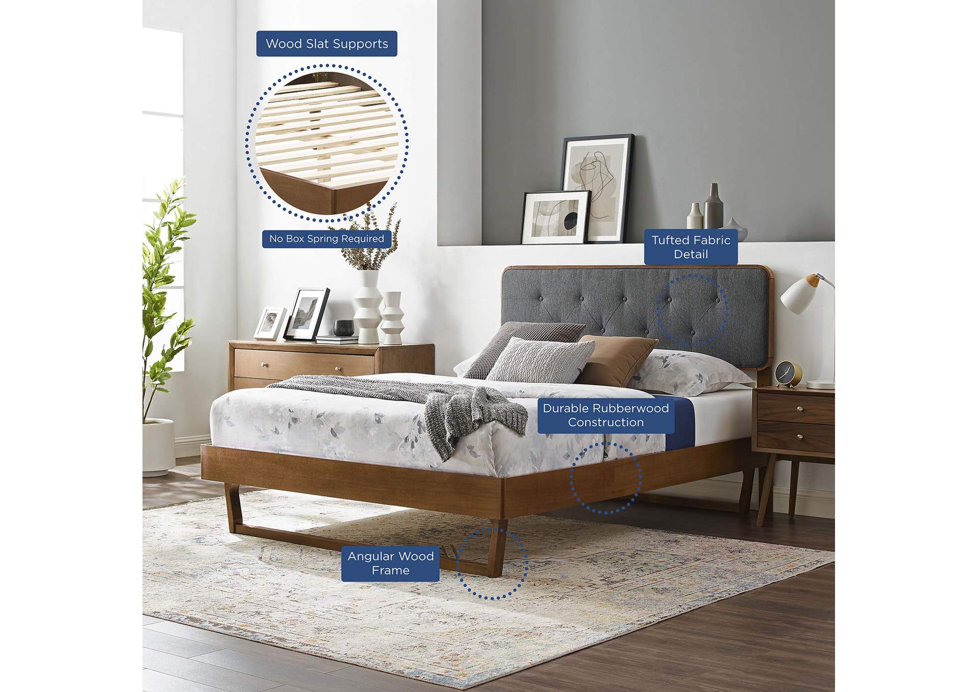 Walnut Charcoal Bridgette Queen Wood Platform Bed With Angular Frame,Modway