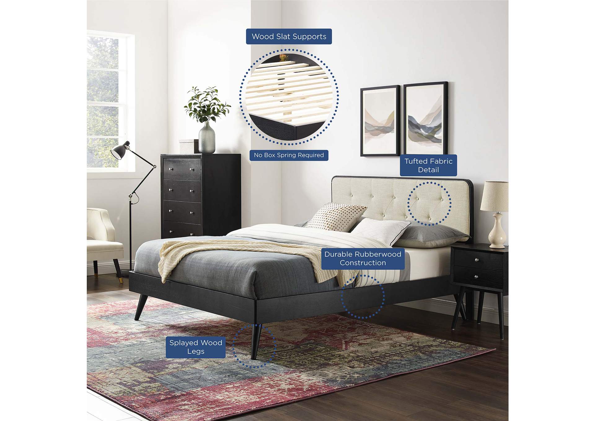 Black Beige Bridgette Queen Wood Platform Bed With Splayed Legs,Modway