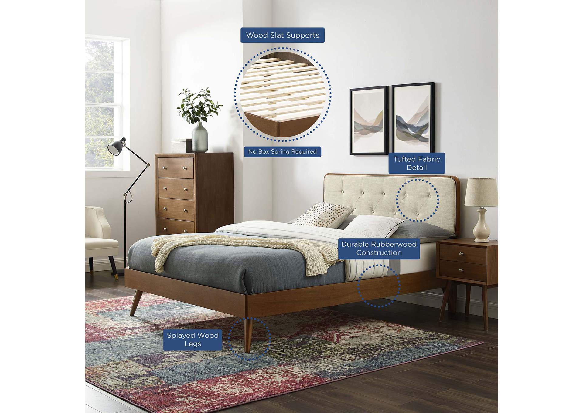 Walnut Beige Bridgette Queen Wood Platform Bed With Splayed Legs,Modway