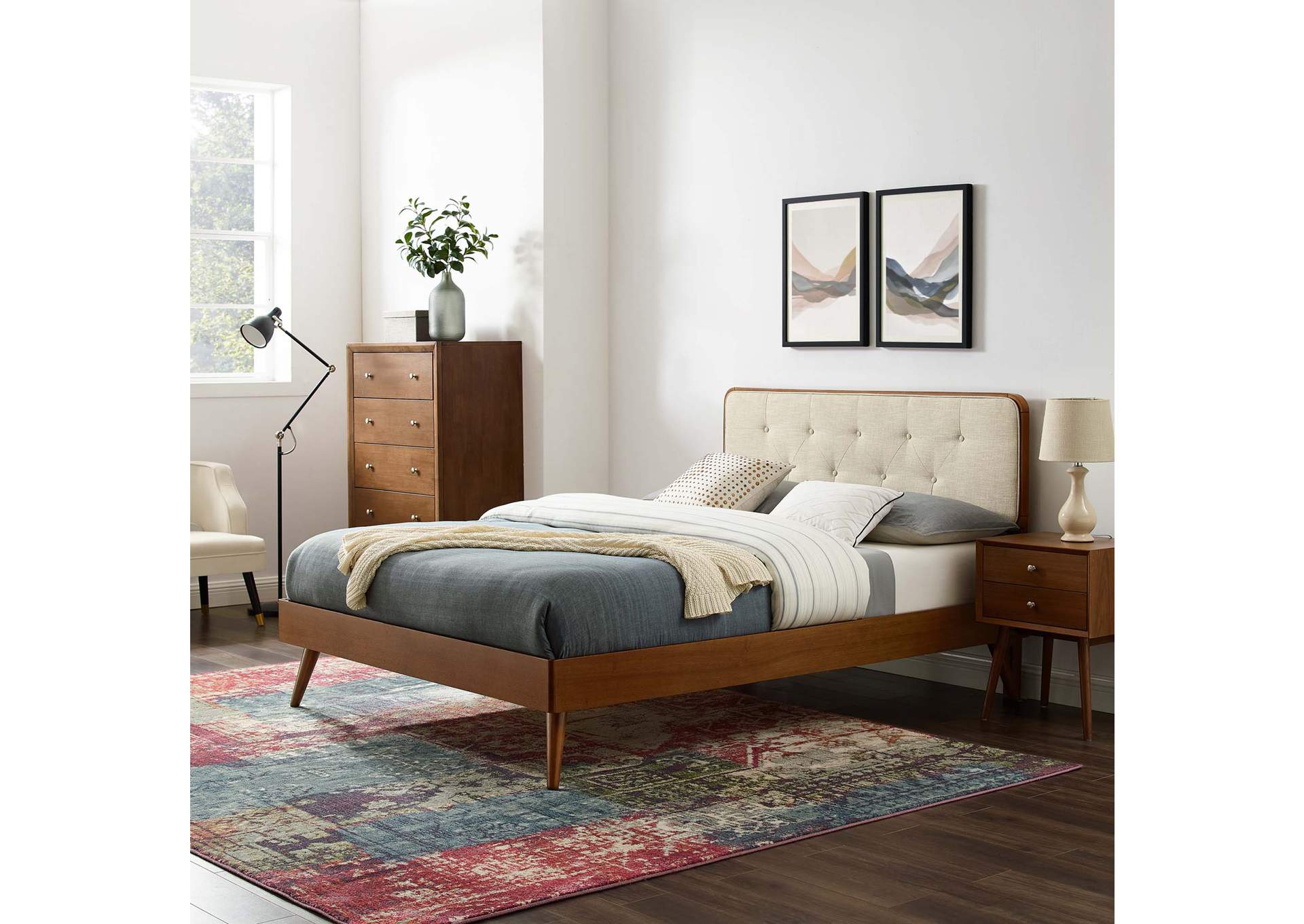 Walnut Beige Bridgette Queen Wood Platform Bed With Splayed Legs,Modway
