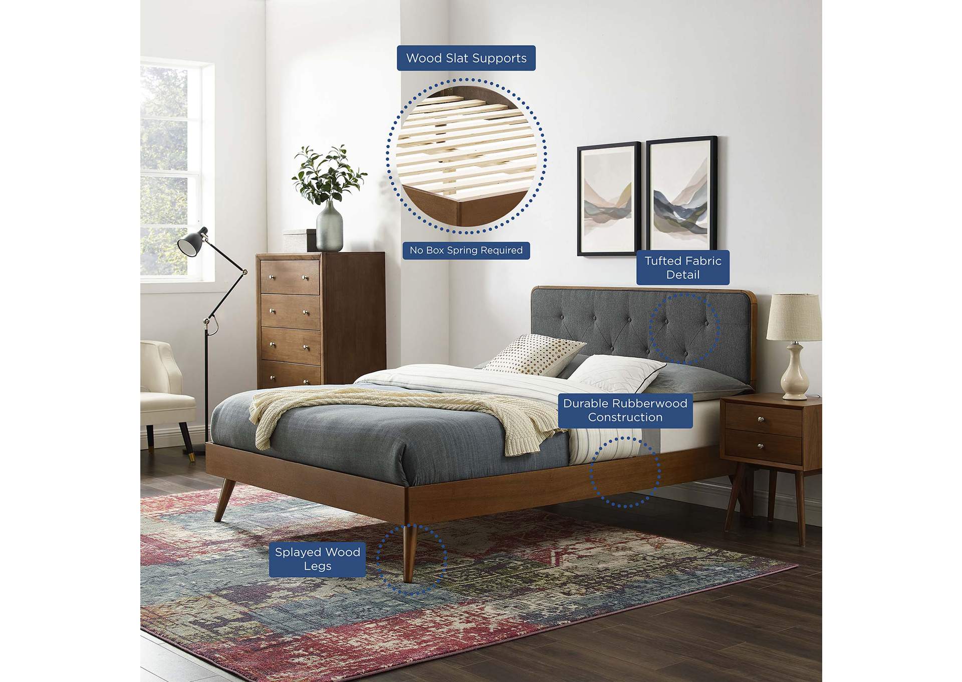 Walnut Charcoal Bridgette Queen Wood Platform Bed With Splayed Legs,Modway