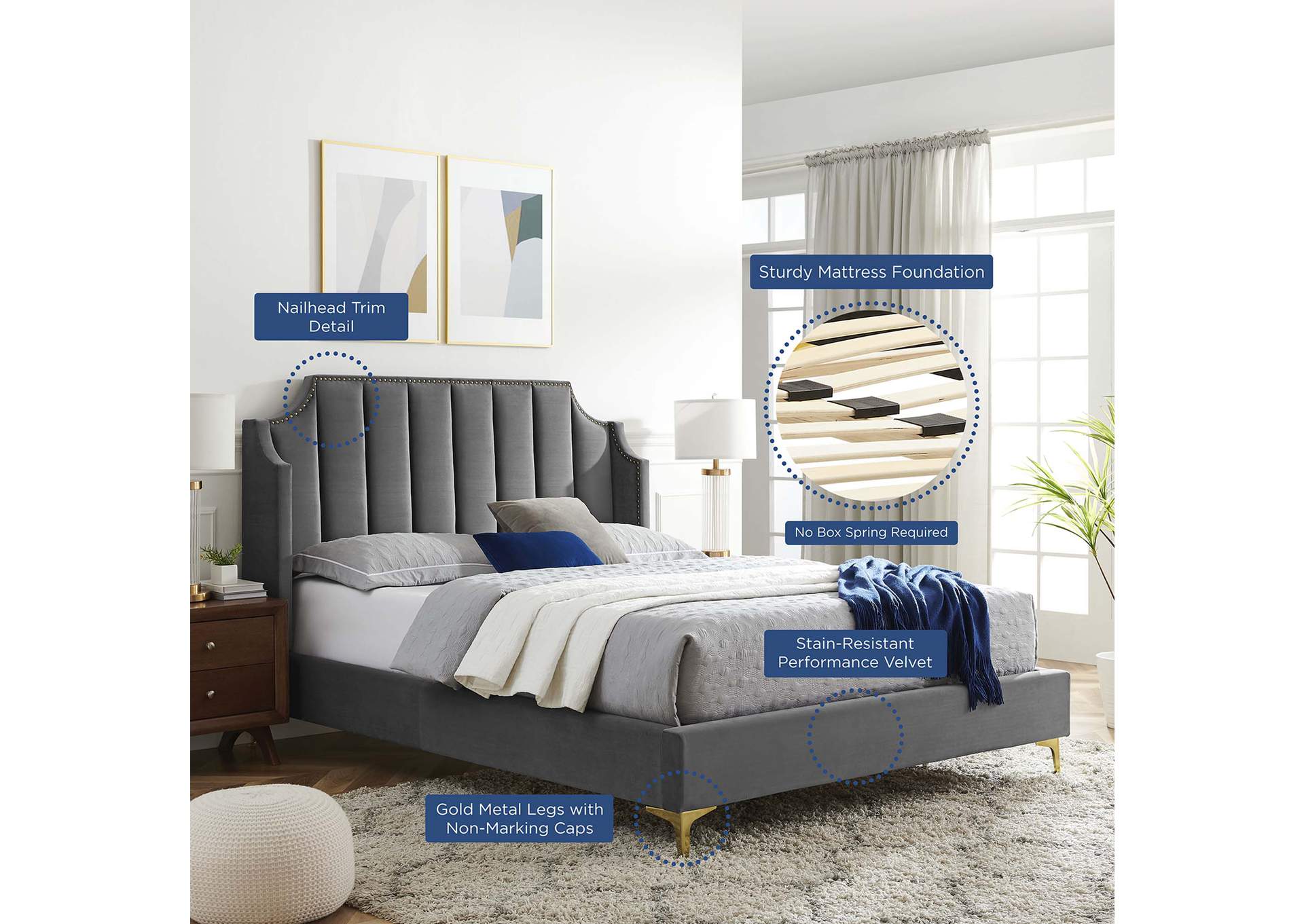 Daniella Performance Velvet Queen Platform Bed,Modway