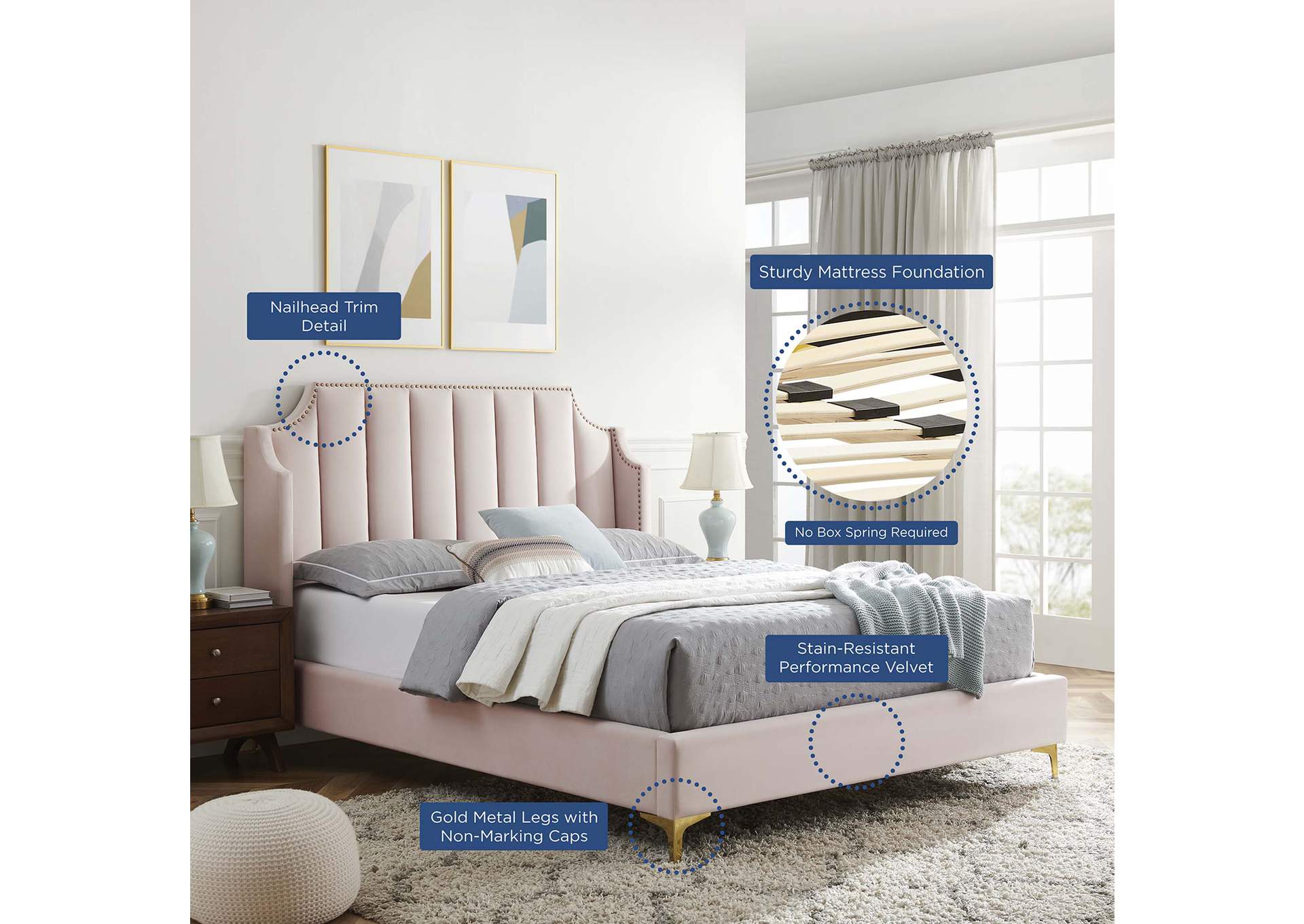 Daniella Performance Velvet Queen Platform Bed,Modway